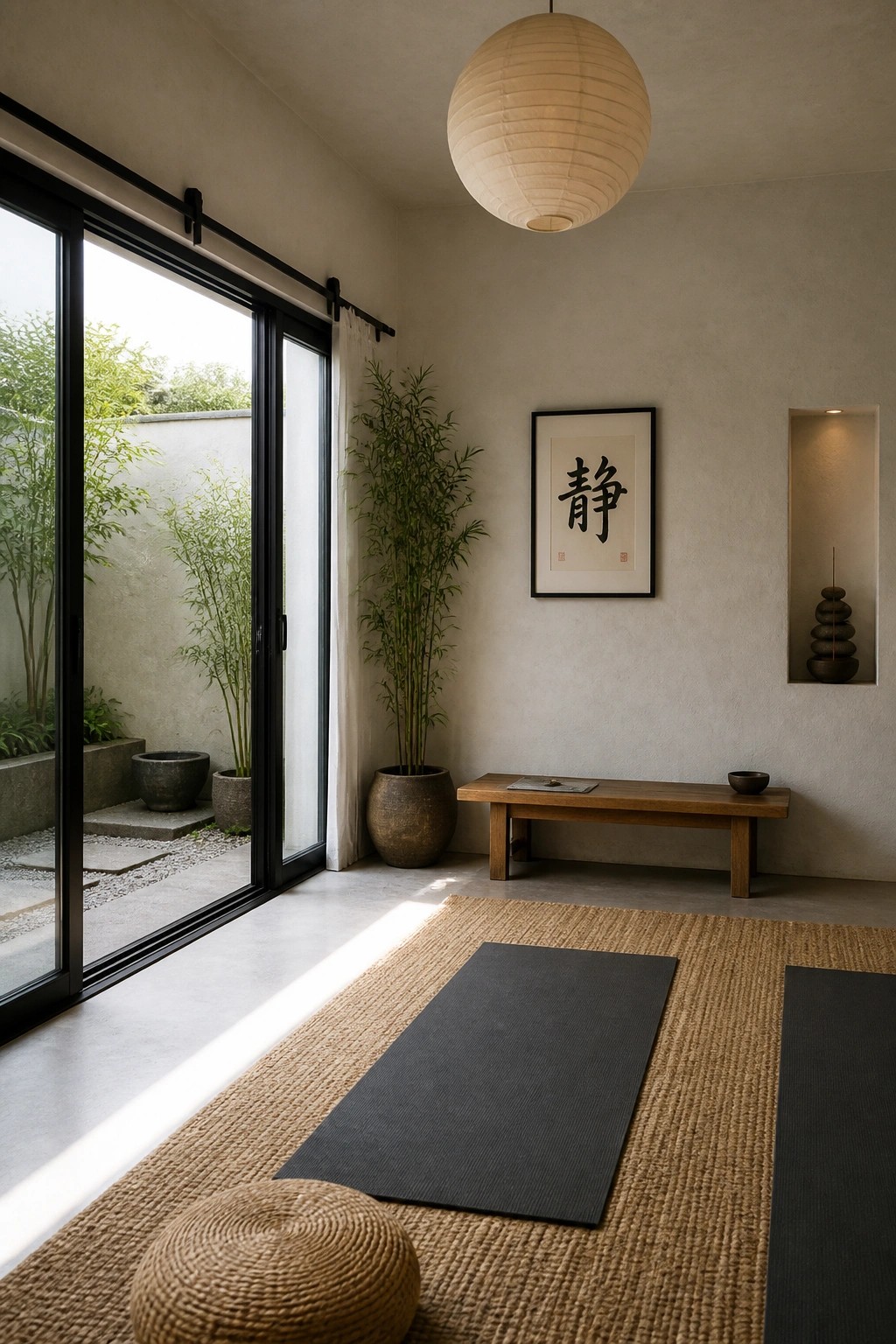 Minimalist interior with large black-framed sliding glass doors open to a small garden, a woven rug with gray yoga mats, a wooden bench, and a round paper lantern overhead.