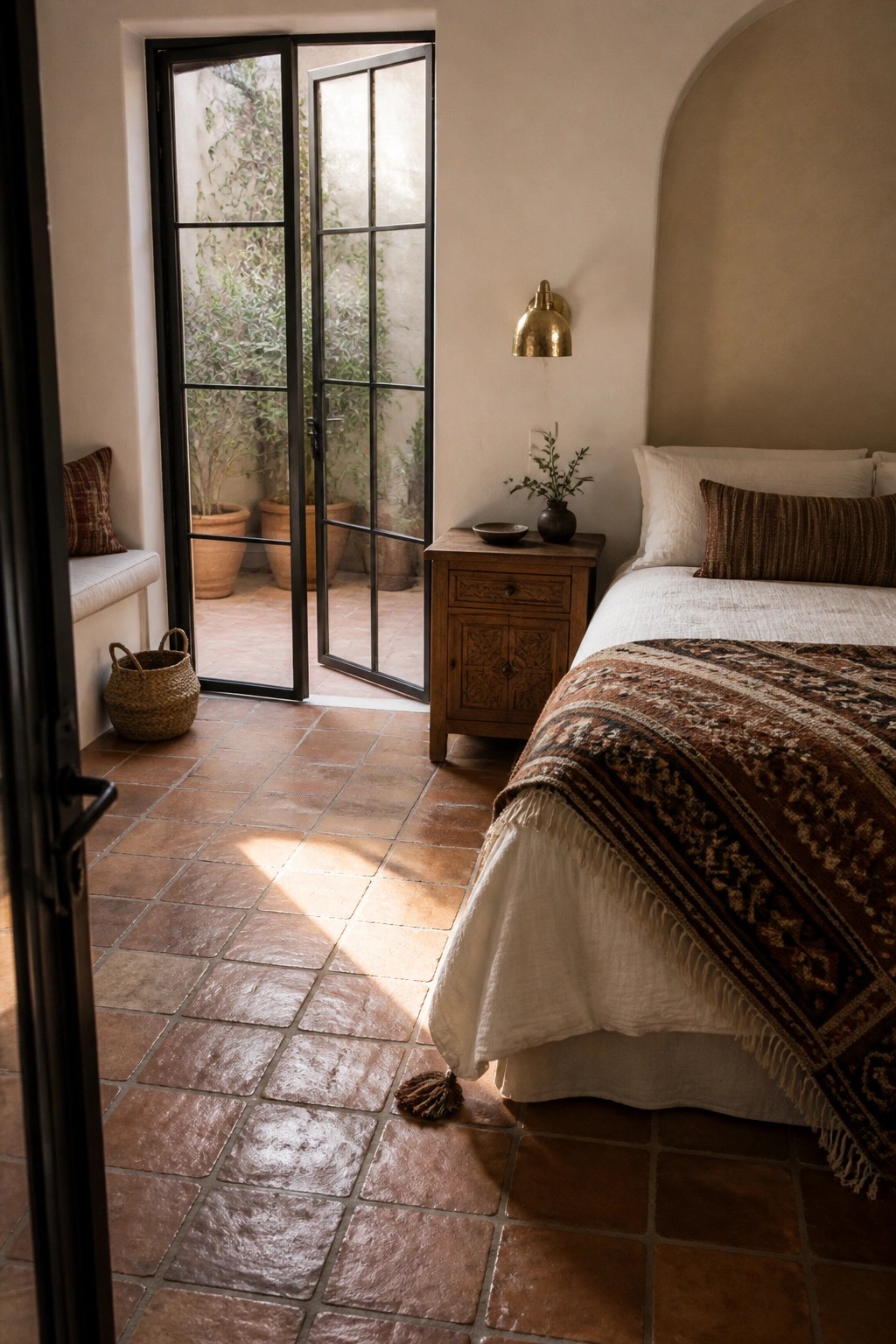 Sunlit bedroom with terracotta tiles, open glass doors to patio, and wooden nightstand.