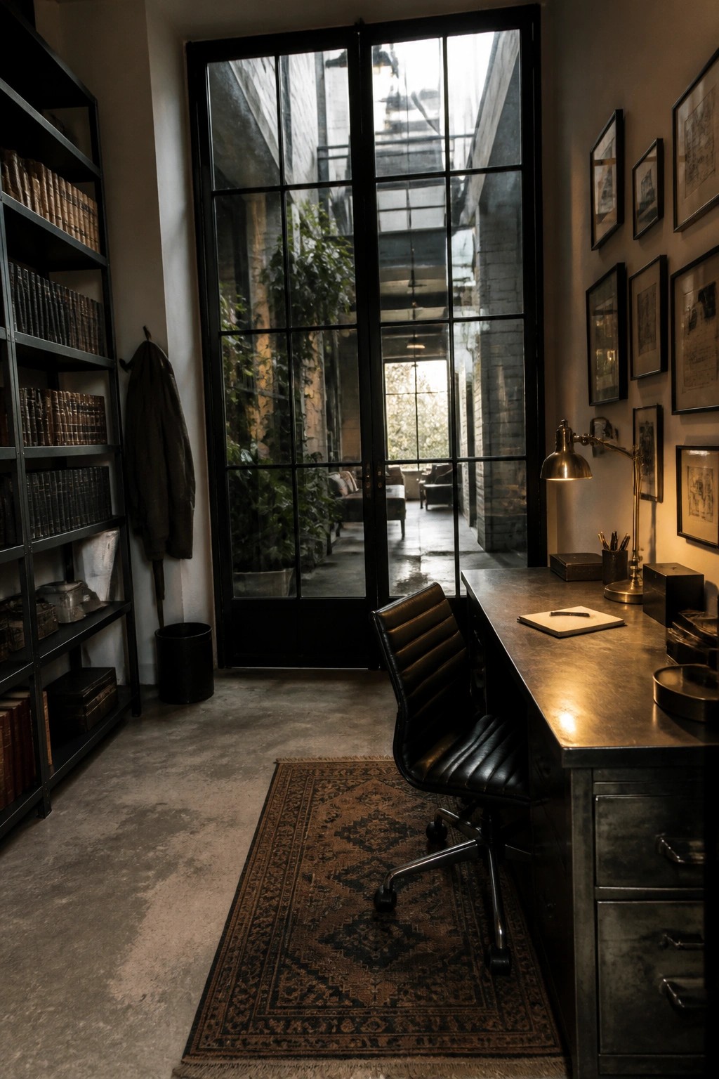 An interior home office with a large black metal framed glass door, desk, office chair on a patterned rug, and tall bookshelves along one wall.