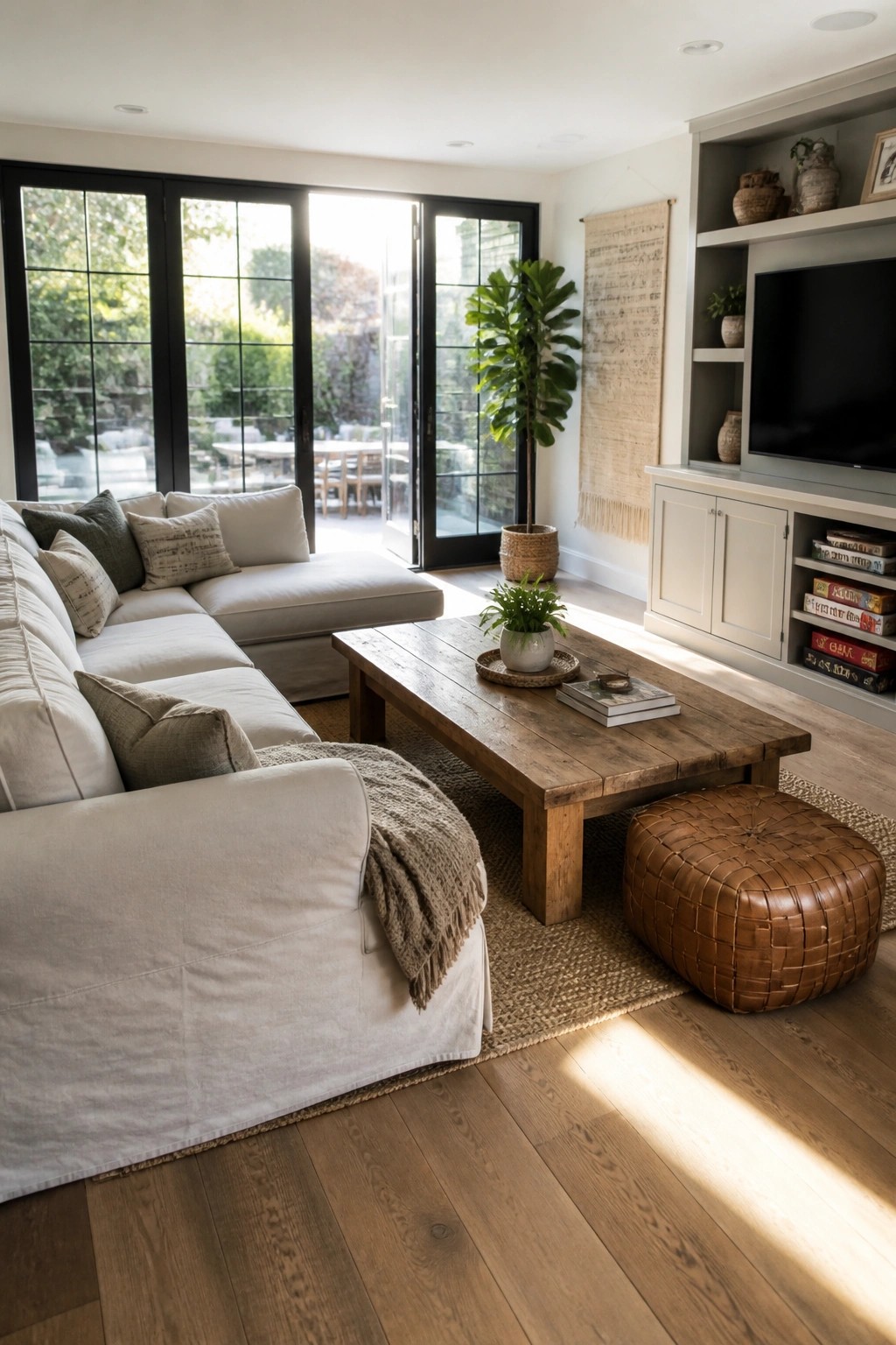 Living room with white sectional sofa, wooden coffee table, woven pouf, and large black-framed glass doors opening to an outdoor patio area.
