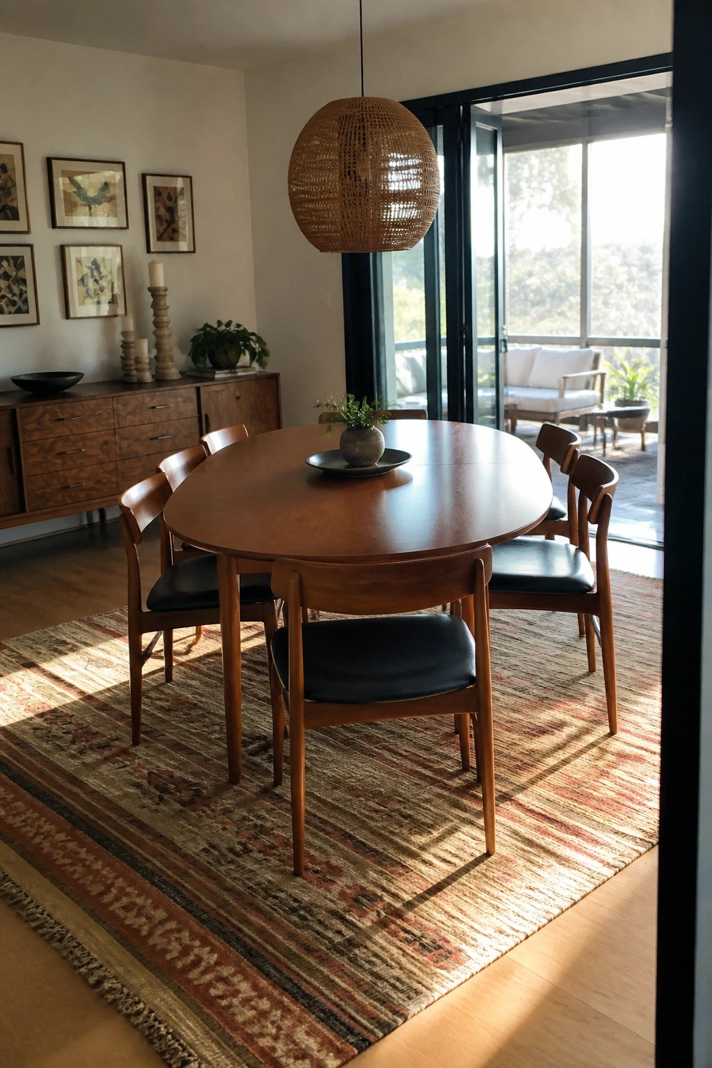 A dining room featuring a large oval wooden table on a striped rug, surrounded by wooden chairs with black seats, a woven pendant light overhead, and tall black framed glass doors leading to a bright outdoor seating area.