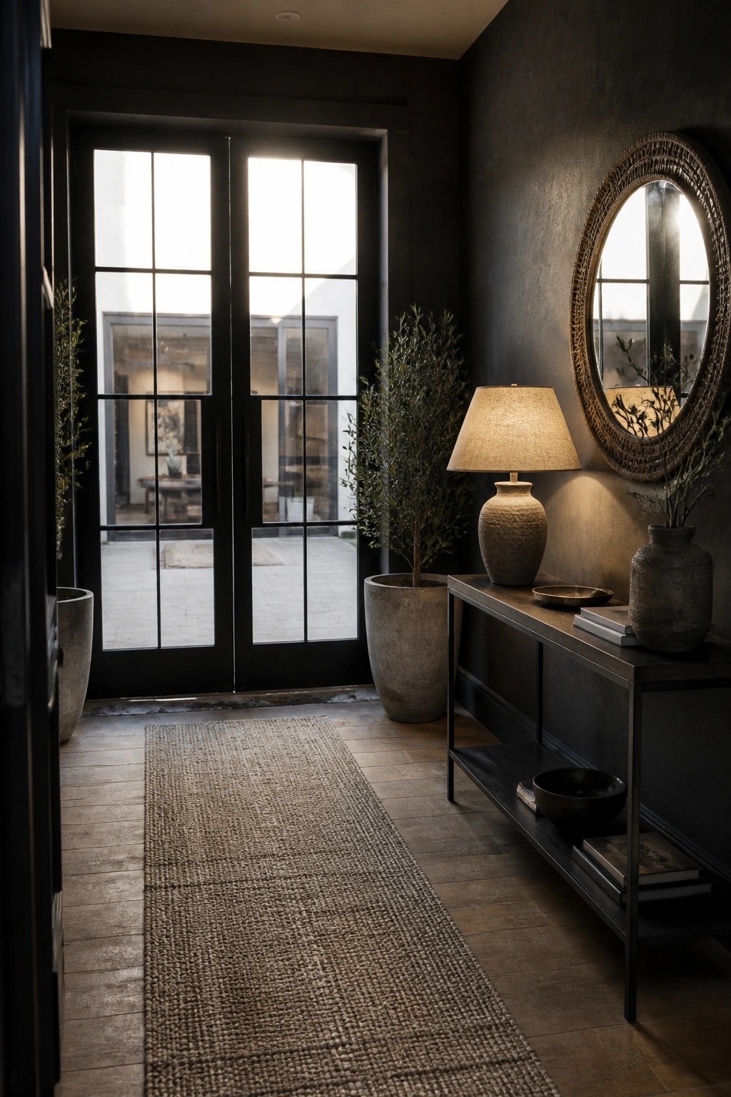 Dark entryway with glass doors, woven rug, console table, lamp, and round mirror