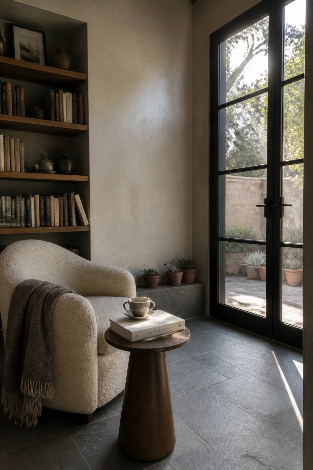 A neutral reading nook with a cream boucle armchair, built-in wooden bookshelves filled with books, a round wooden side table holding a book and cup, and black-framed glass doors opening to a sunlit patio with potted plants.