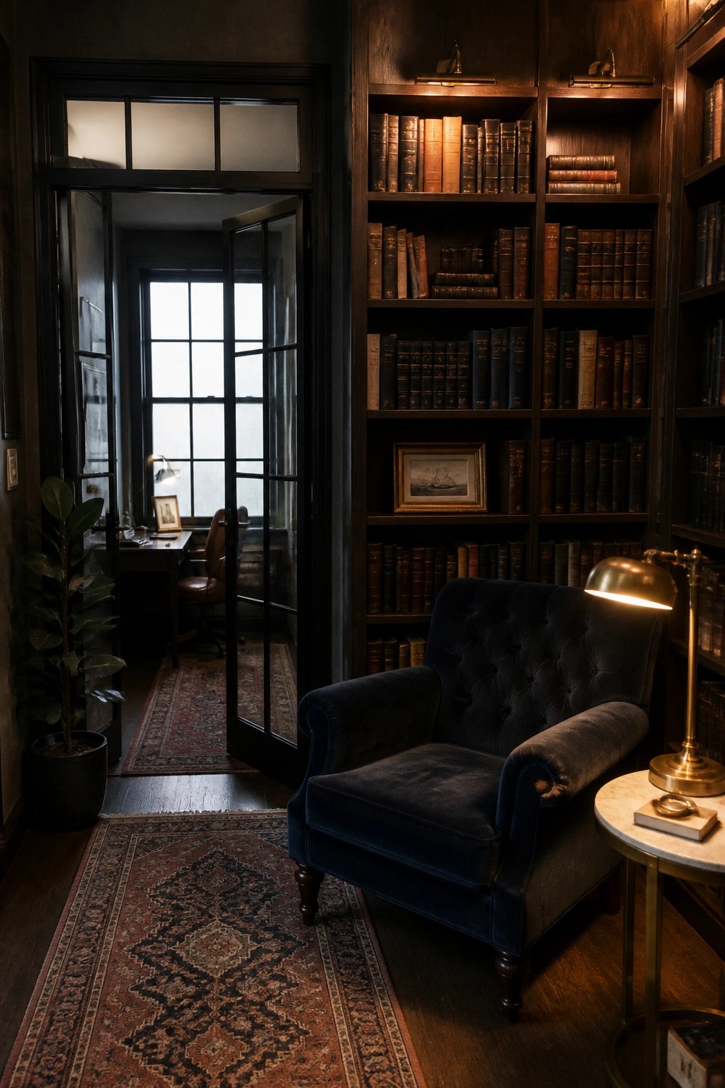 Dark library with blue velvet armchair, bookshelves, brass lamp, and patterned rugs.