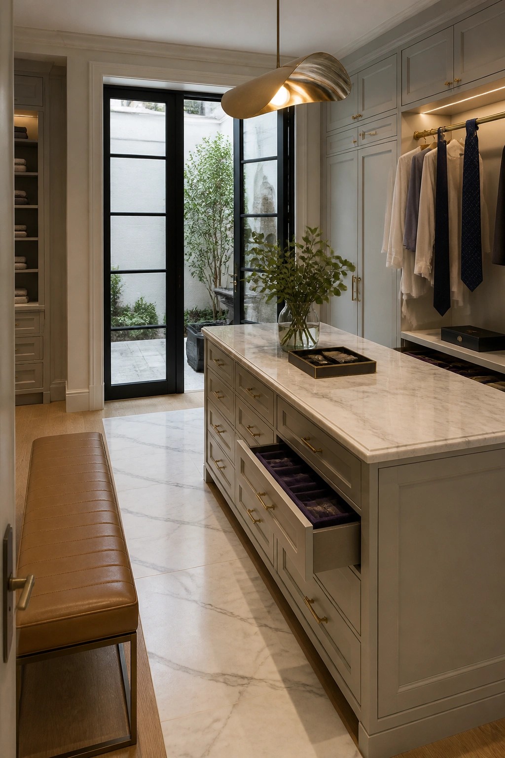 A spacious walk-in closet with light gray cabinetry, a marble island, and a large black metal framed glass door opening to an outdoor courtyard.