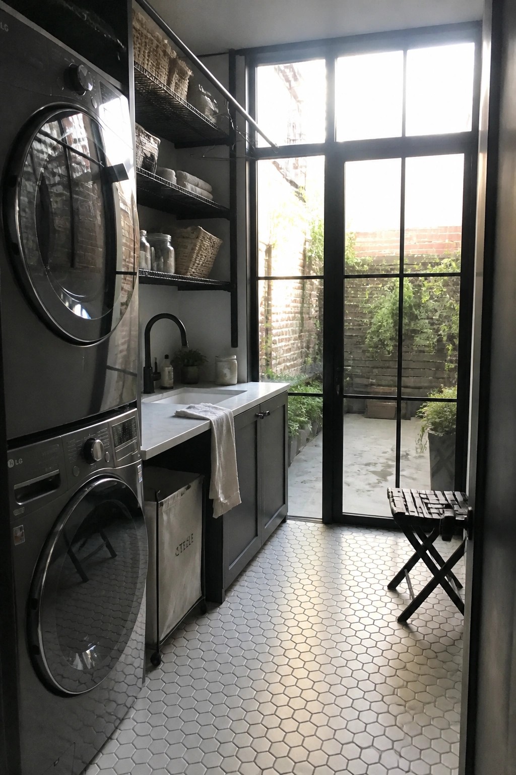 A laundry room with stacked washer and dryer units, a white countertop sink, open black shelves, and large black metal framed glass doors opening to an outdoor courtyard.