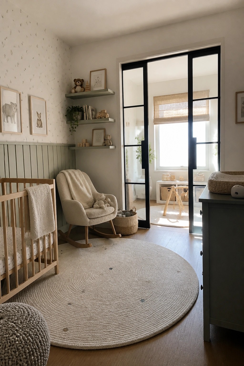 Interior view of a child's room with a wooden crib, rocking chair, and large black metal framed glass doors opening to an adjacent sunlit room.