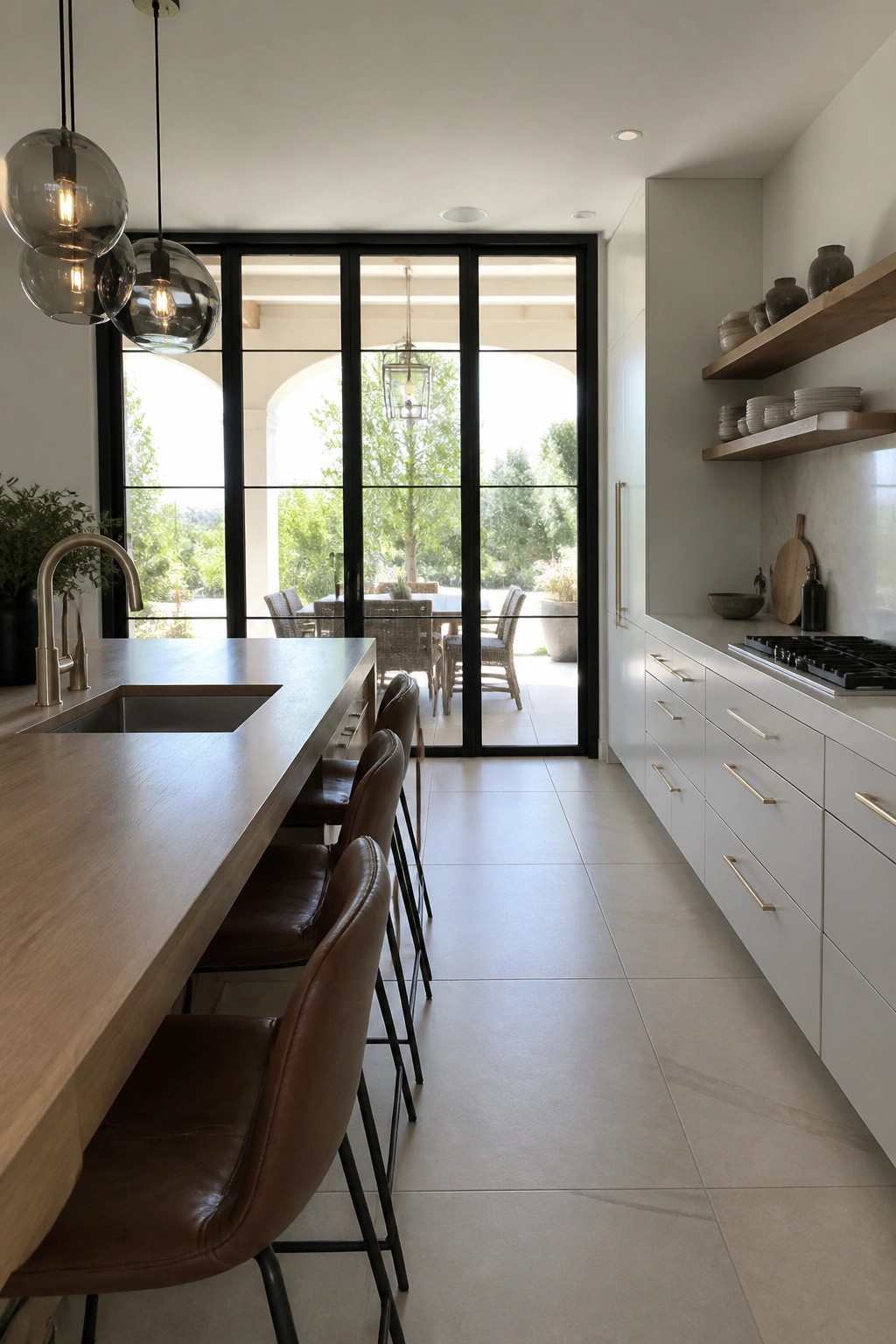 Modern kitchen with wooden island, brown leather stools, white cabinets, and patio doors.
