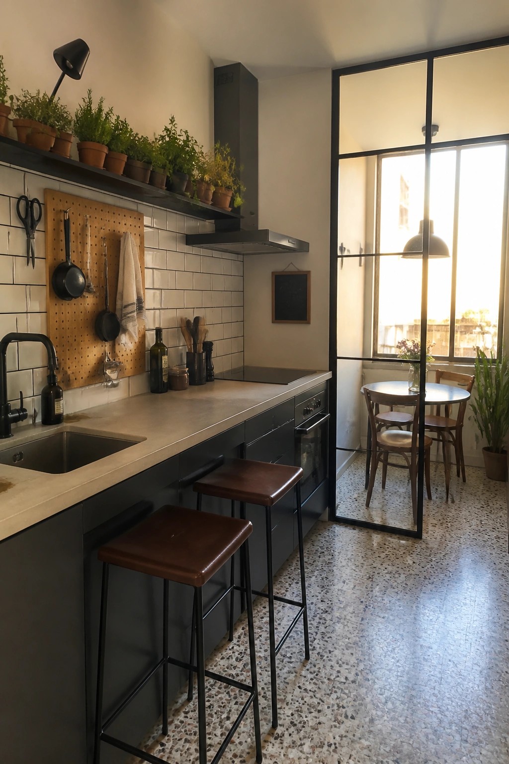 A kitchen with dark cabinets, concrete counters, and two brown leather stools, separated by a large black framed glass door from a dining area with a round table.