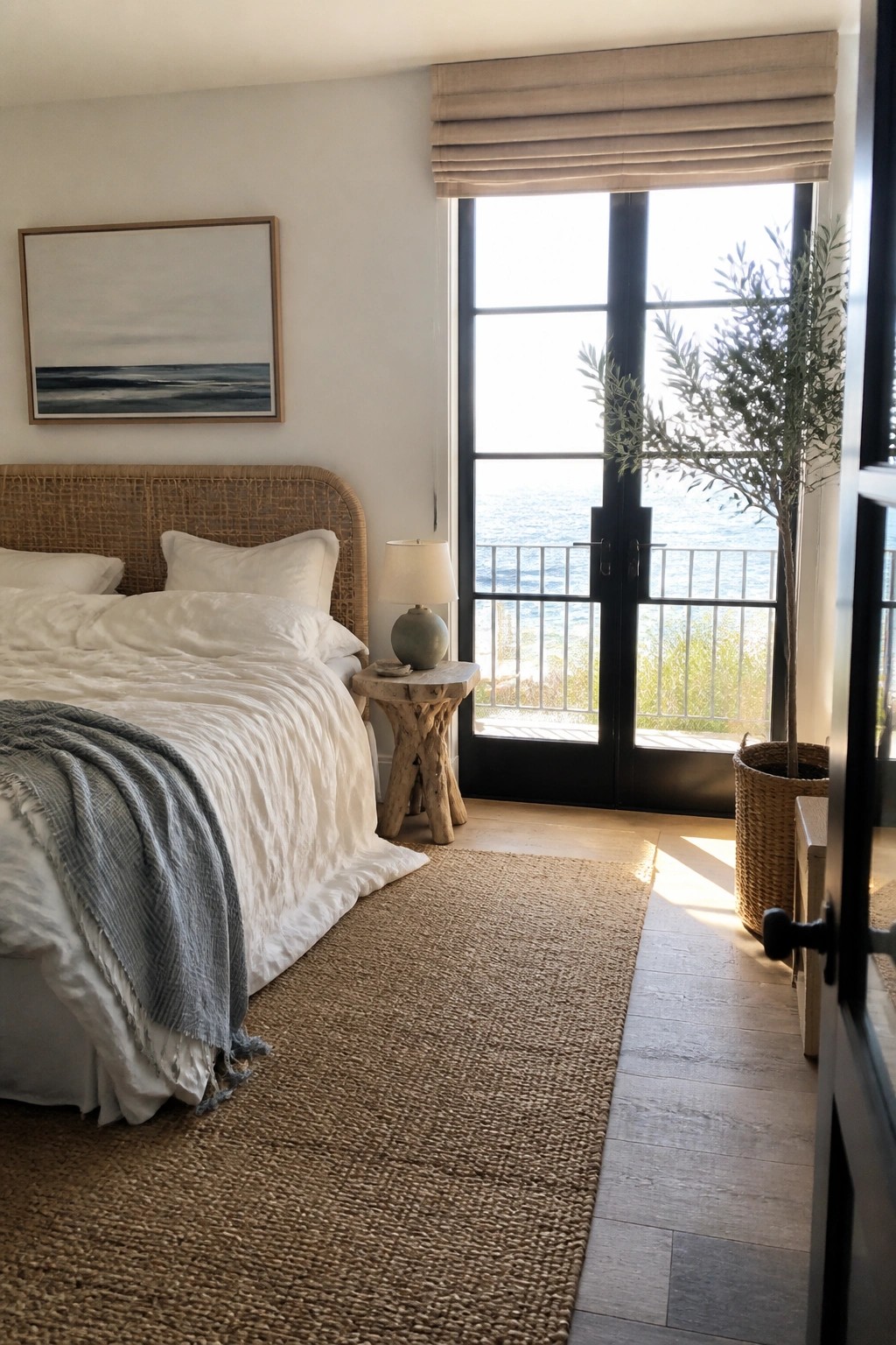 A bedroom with a woven headboard bed dressed in white linens, a jute rug, and black-framed glass doors opening to an ocean view.