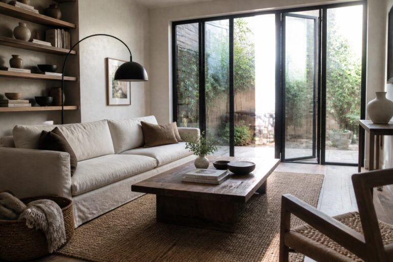 A modern living room with a light sofa, low wooden coffee table on a woven rug, and large black-framed glass doors open to an outdoor courtyard.