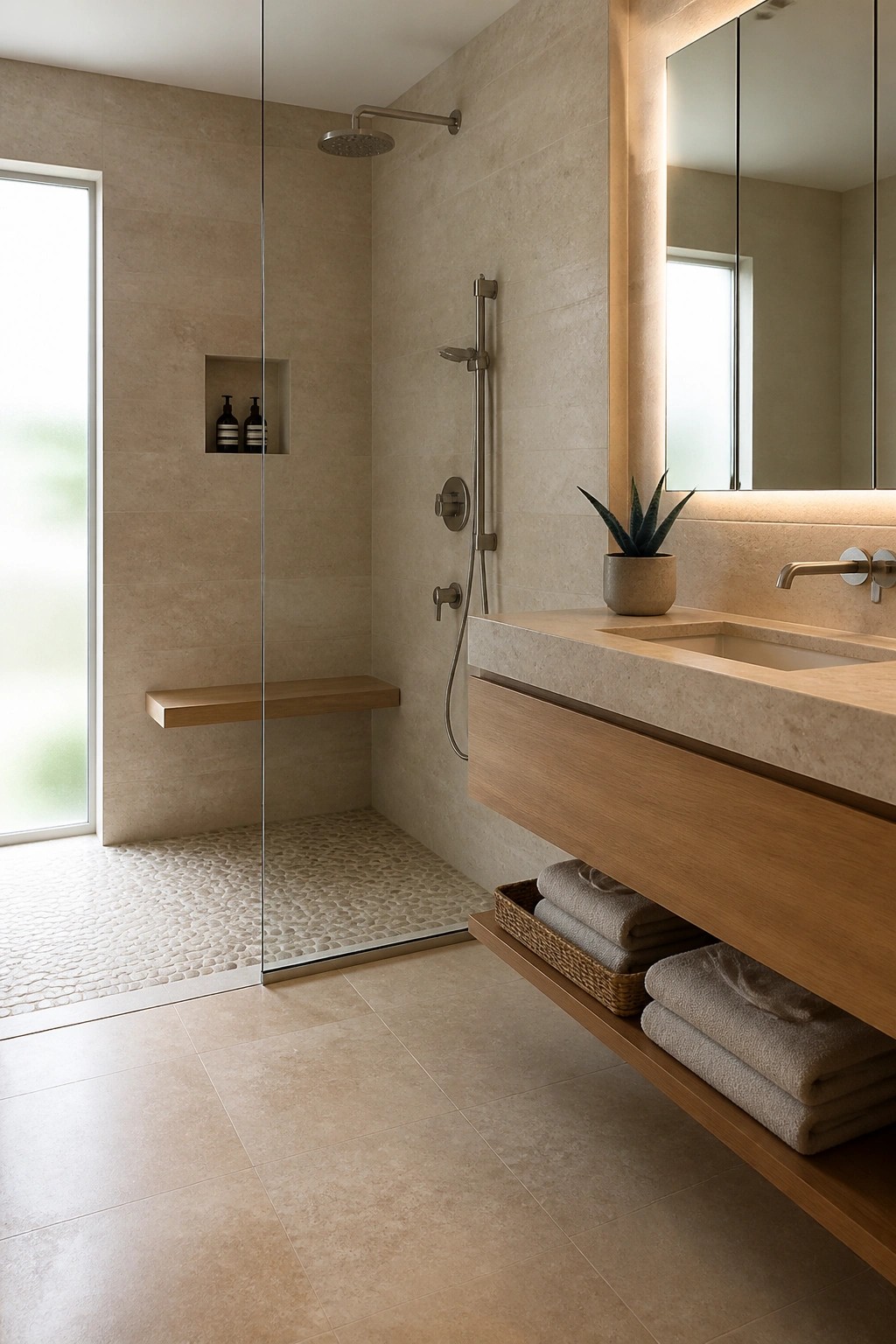 Modern beige-tiled bathroom with glass shower, wooden vanity, and folded towels