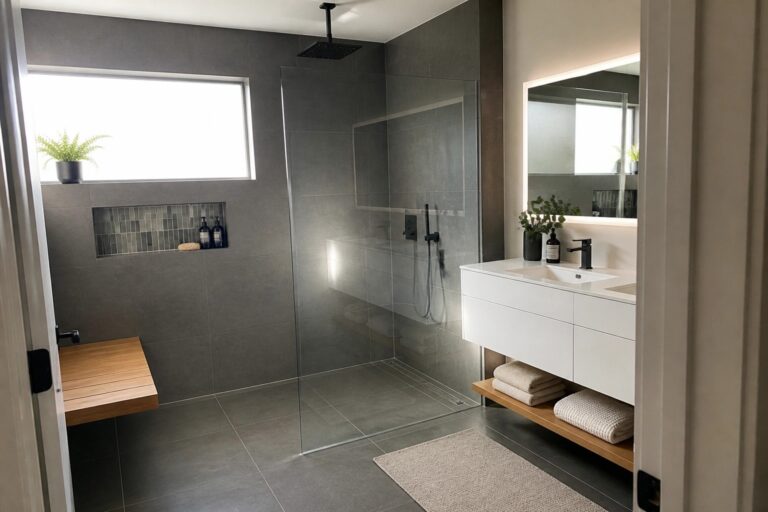 19 Chic Modern Luxury Shower Ideas Featuring Linear Drains Modern bathroom shower with gray tiles, glass walls, wooden bench, linear drain, and rainfall showerhead.