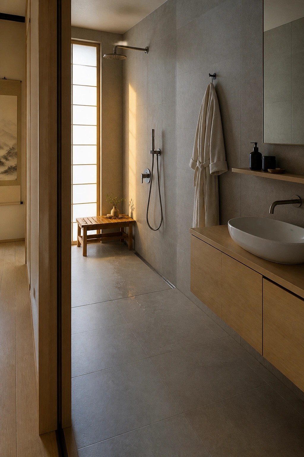 A modern bathroom interior showing a curbless shower with gray tiles, a linear drain along the back wall, a wooden bench, and a floating wood vanity with a white vessel sink.