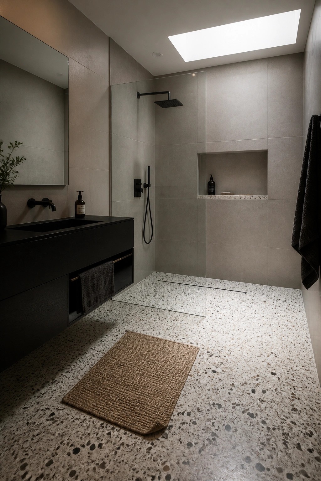 Modern bathroom interior with a glass shower enclosure, black fixtures, recessed niche, and linear drain set into a speckled terrazzo floor.