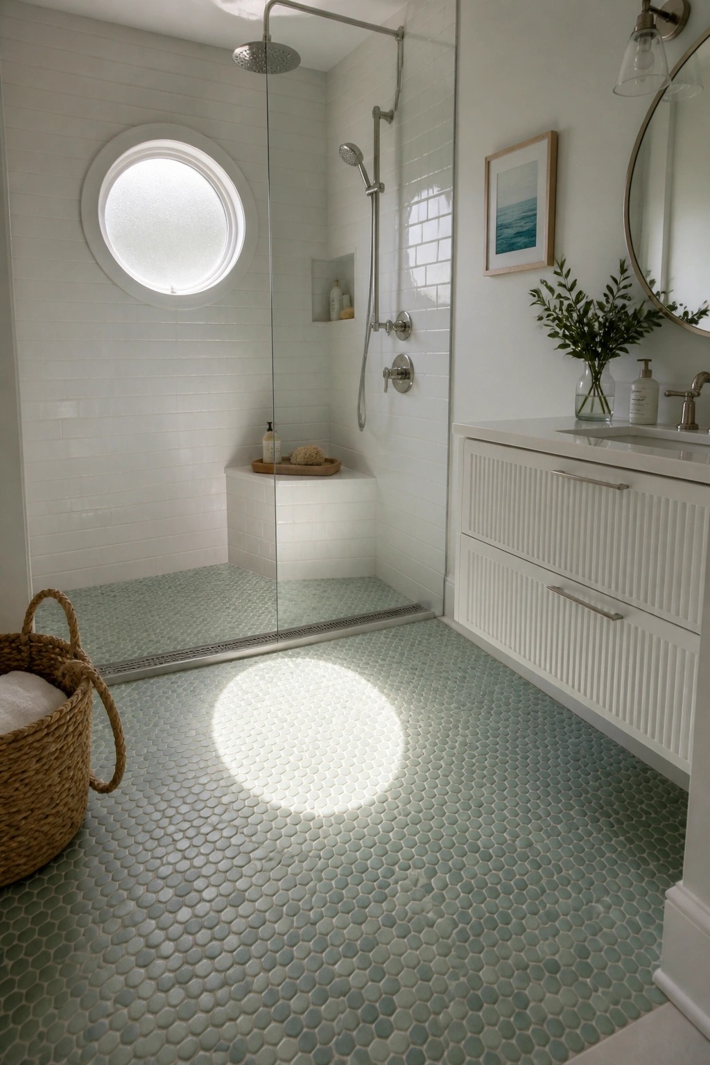 A white-tiled walk-in shower with a glass panel, linear drain along the threshold, and light green pebble floor tiles extending into the bathroom.