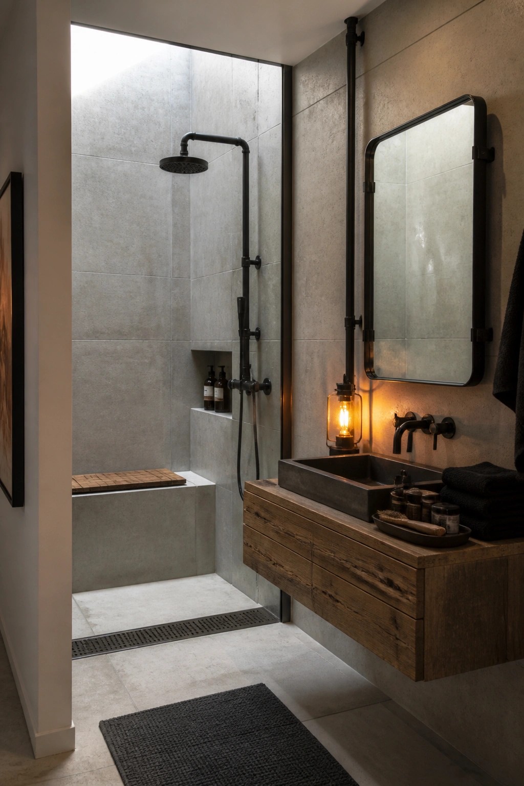 A modern bathroom with a curb-free walk-in shower featuring a linear drain across the tiled floor, gray concrete-look walls, black pipe shower system, and a wooden floating vanity with a dark sink.