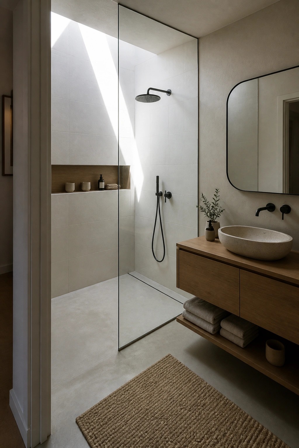 A modern bathroom with a walk-in shower enclosed by frameless glass, white tiles, a rainfall showerhead, black fixtures, and a floating wood vanity with a stone vessel sink.