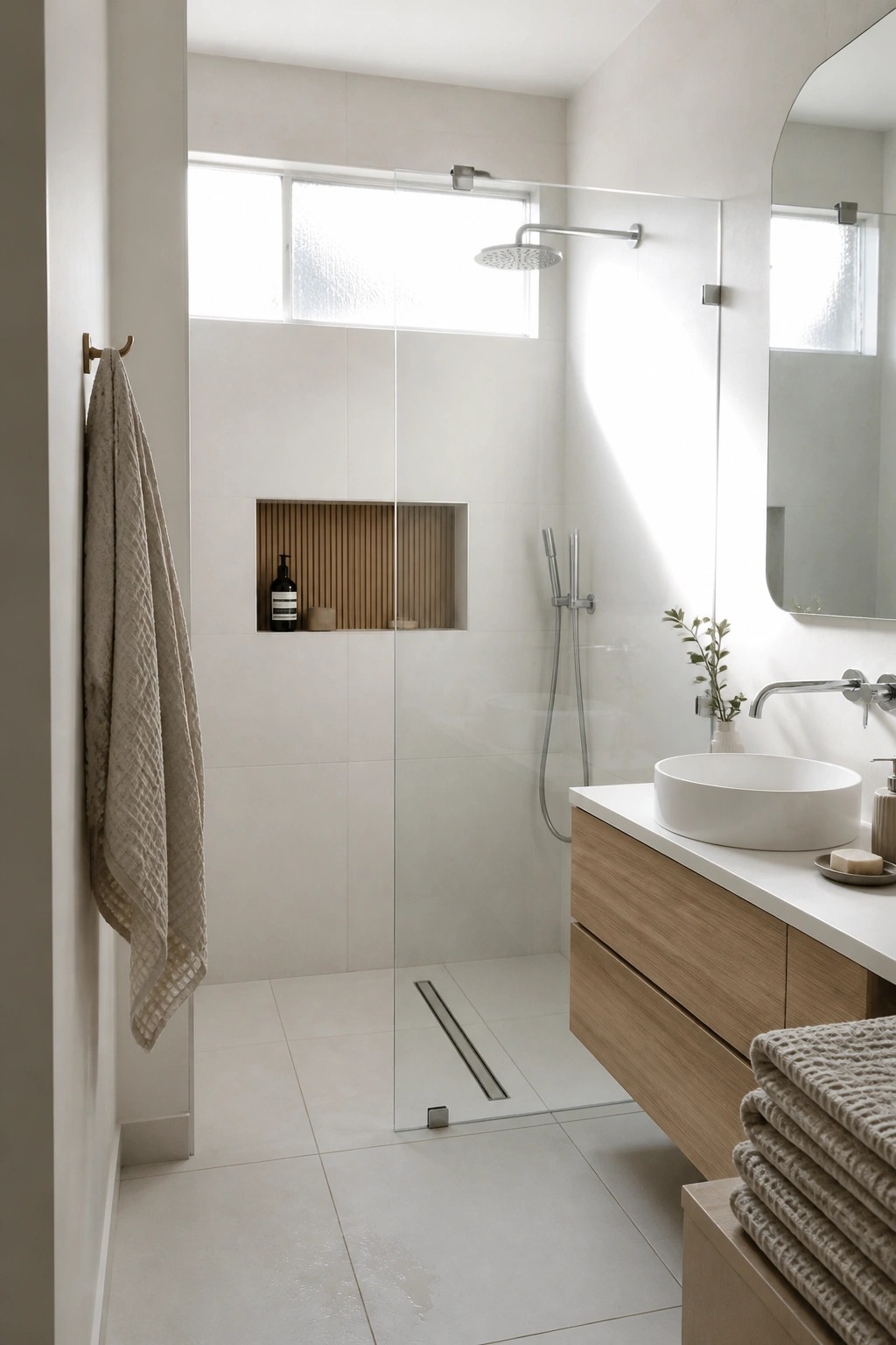 A modern bathroom interior showing a walk-in shower with white tiles, a frameless glass enclosure, a linear floor drain, and a recessed niche.