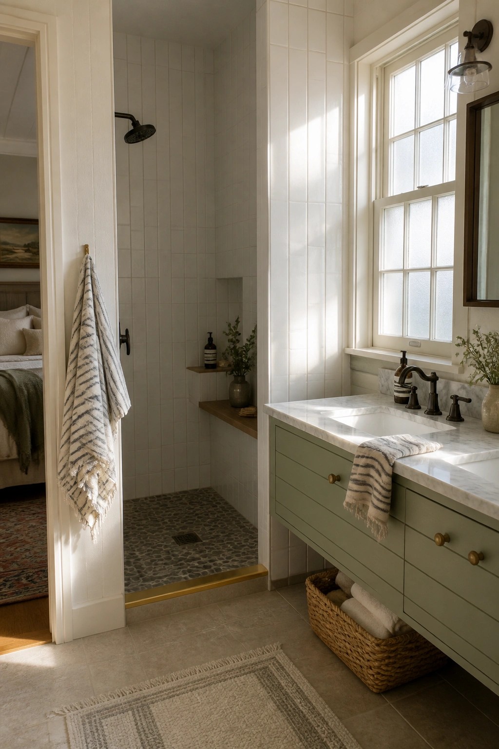 A bathroom interior with a curbless shower featuring white vertical tiles, a pebble stone floor, and a linear drain, adjacent to a sage green vanity with marble top and a window above.