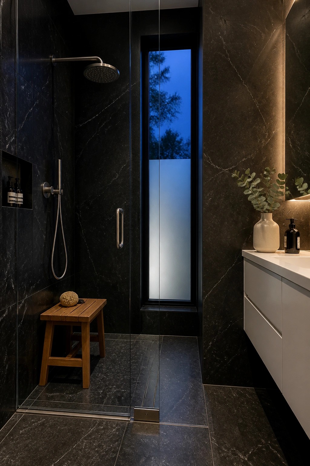A modern bathroom shower with black marble tiles, a frameless glass door, a linear drain, and a narrow vertical window.
