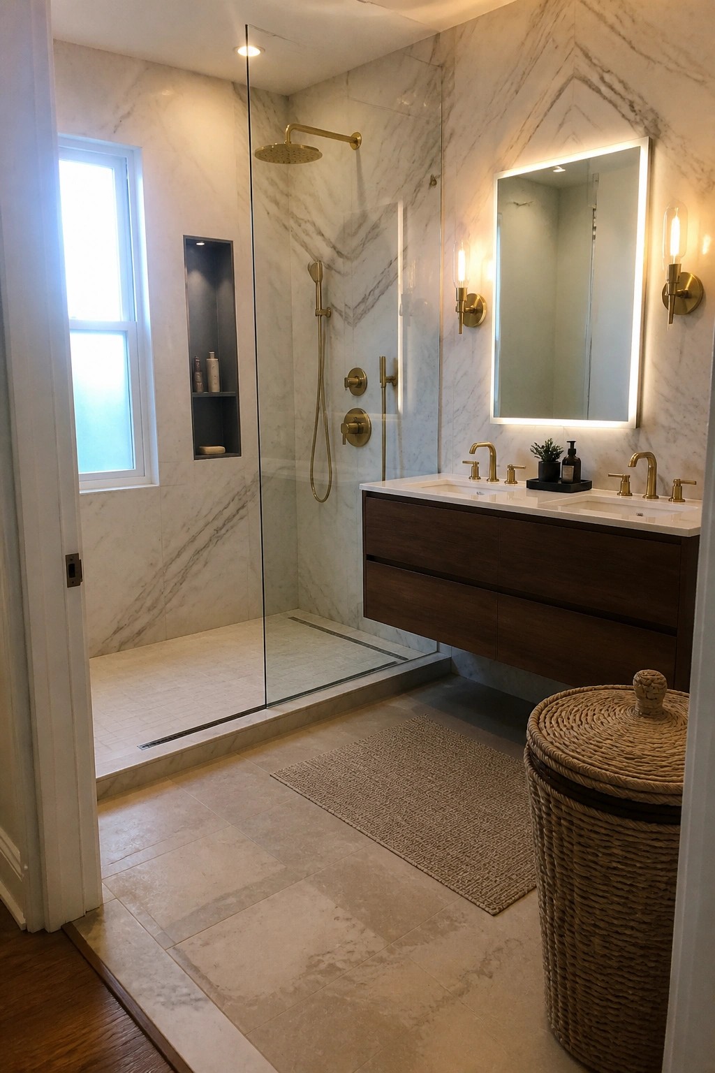 A modern bathroom with a large marble walk-in shower featuring a linear drain, gold fixtures, and a floating double vanity with a lit mirror.