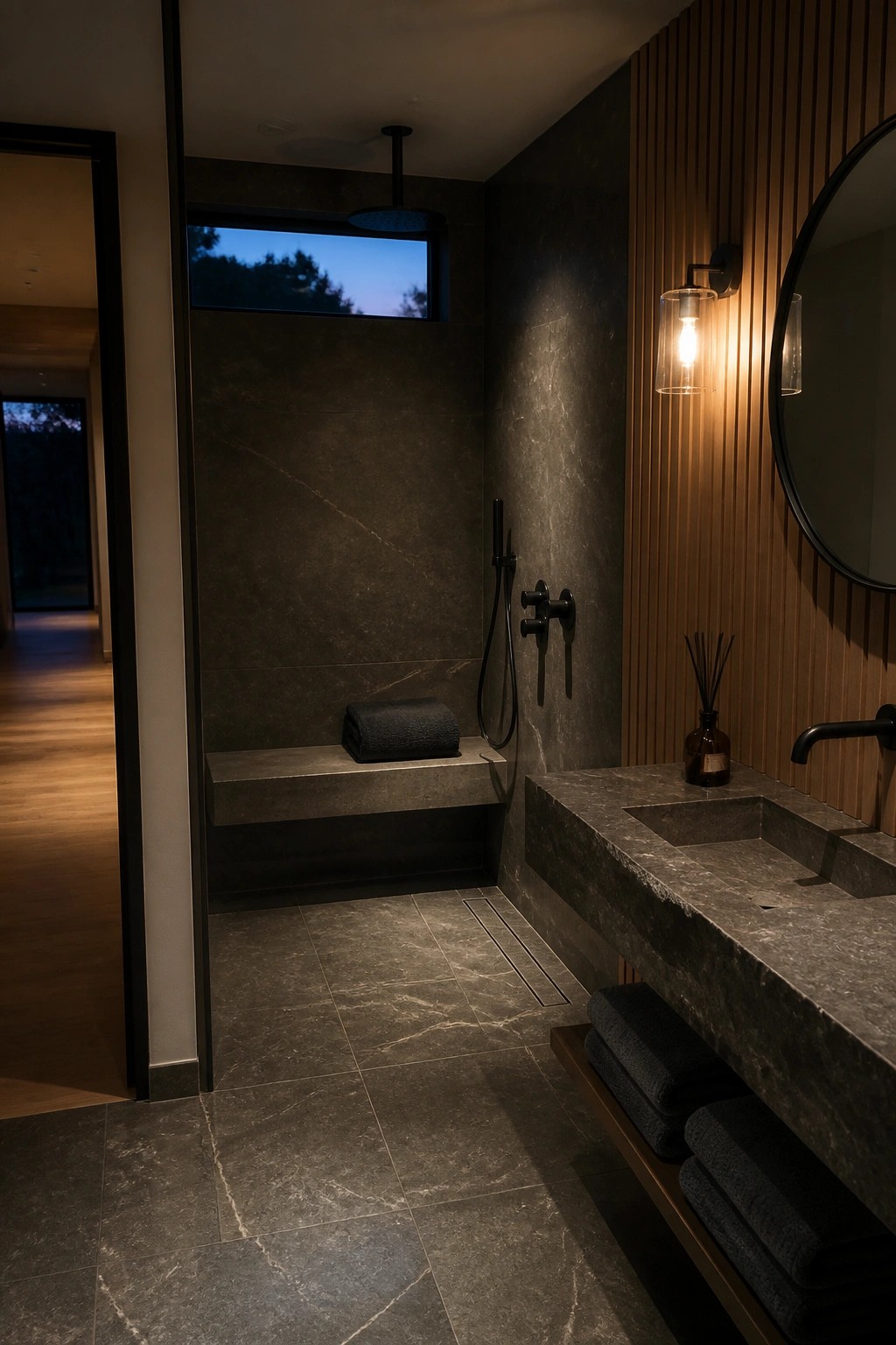 Modern bathroom with dark stone tiled shower, built-in bench, black fixtures, linear floor drain, and adjacent vanity with round mirror.