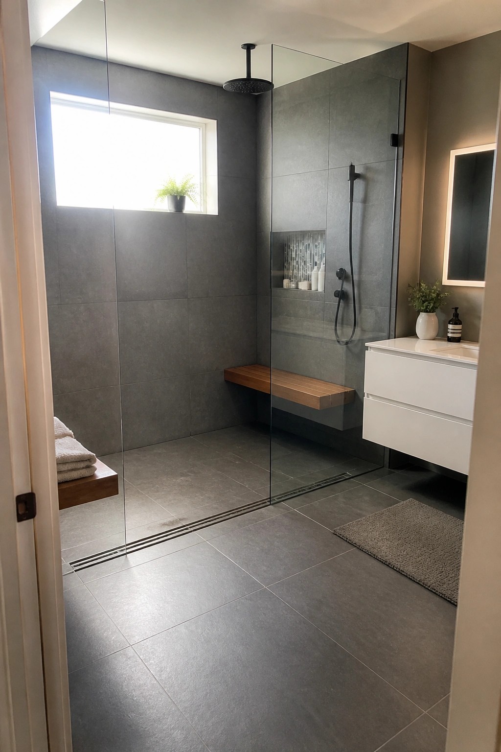 Modern bathroom shower with gray tiles, glass walls, wooden bench, linear drain, and rainfall showerhead.