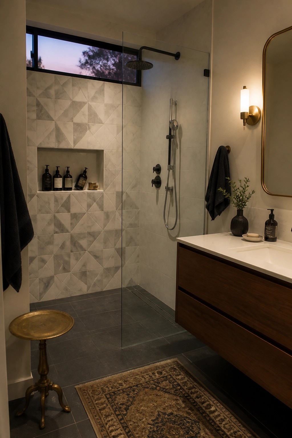 Modern bathroom with marble shower, wooden vanity, brass sconce, and patterned rug.