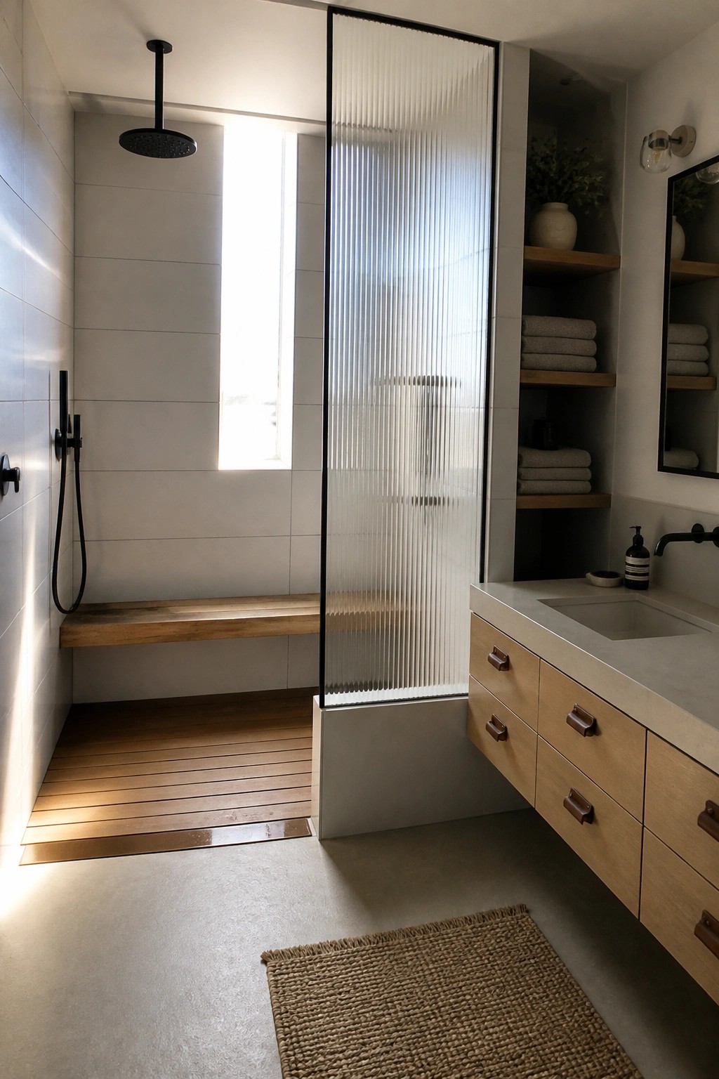 A modern bathroom with a walk-in shower featuring a black-framed fluted glass panel, rainfall showerhead, wooden bench, and slatted wood floor with a visible linear drain area.