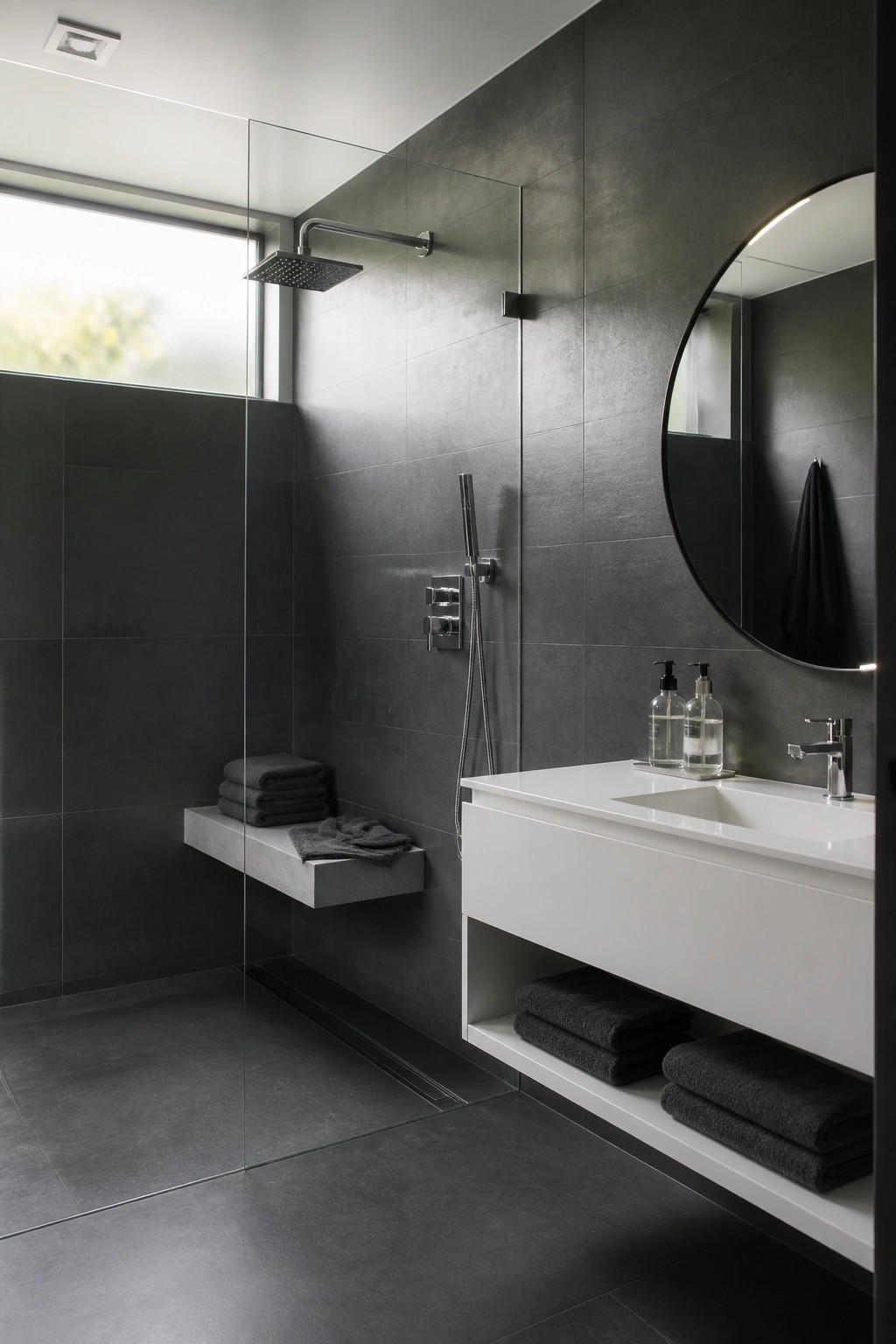 Modern bathroom interior with dark gray tiled shower area, linear floor drain, glass partition, rainfall showerhead, built-in bench, and white floating vanity with round mirror.
