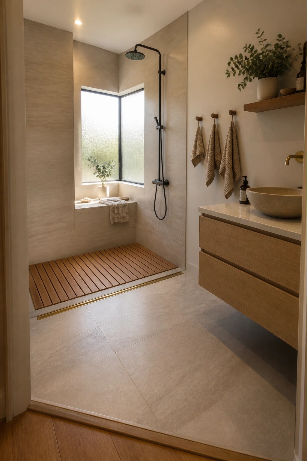 A modern walk-in shower with beige tile walls, a black rainfall showerhead, a corner window, and a wooden slatted platform covering a linear drain on the floor.