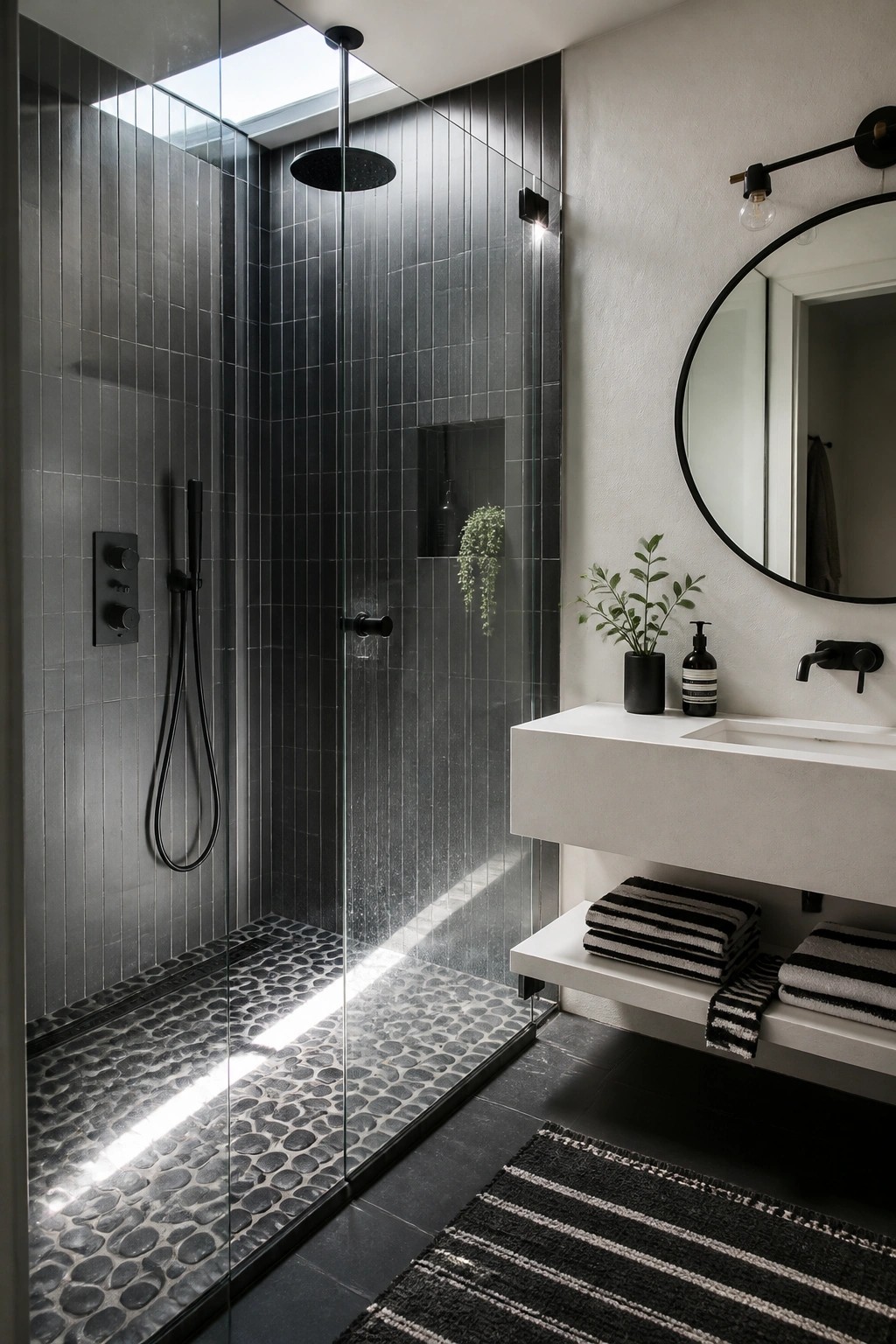 A modern bathroom with a glass enclosed walk-in shower featuring black vertical tiles, a black rainfall showerhead, pebble floor with linear drain, and a white floating vanity with round mirror on the right.