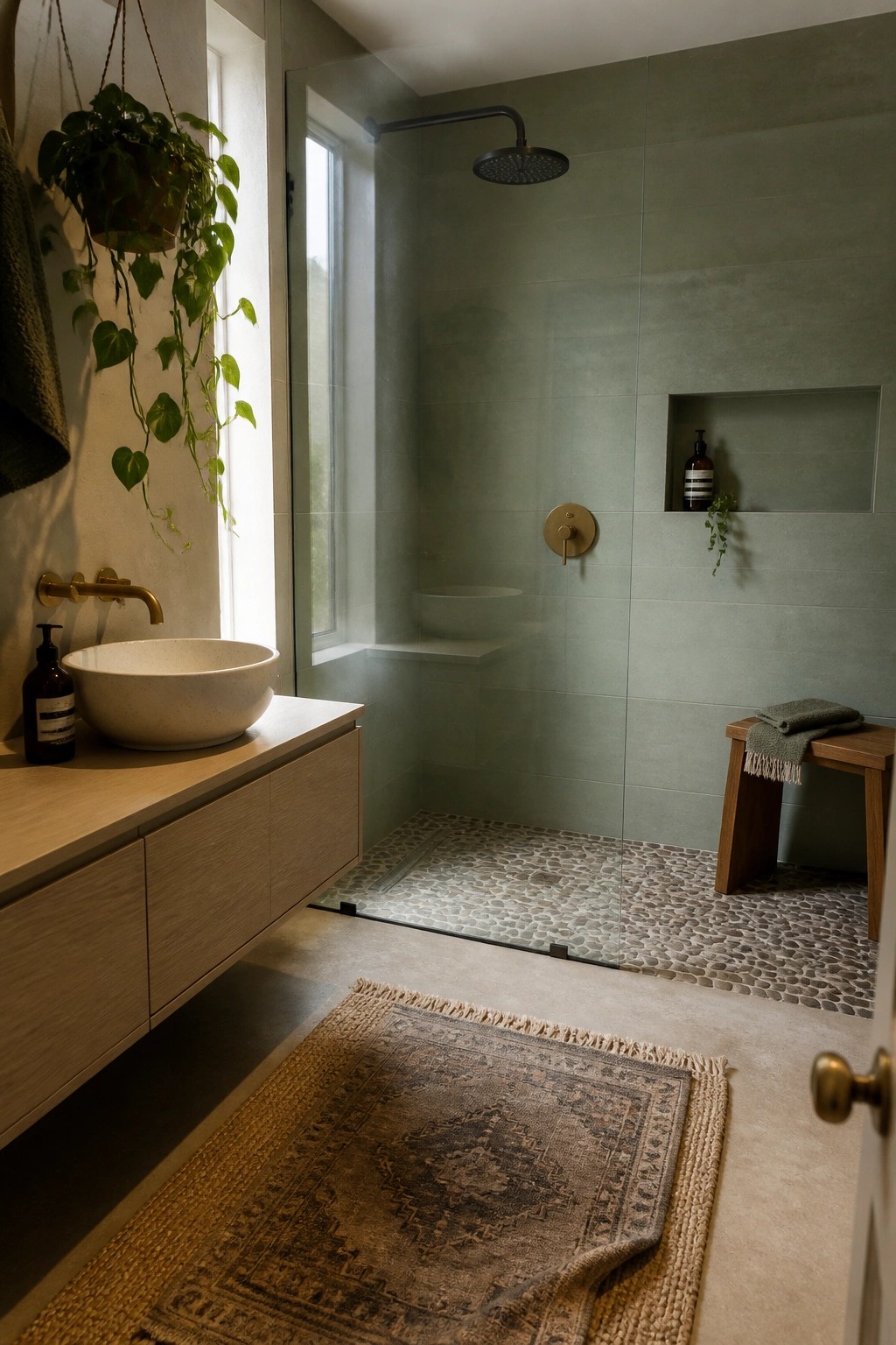 Modern bathroom with sage green tiled shower, pebble floor, wooden vanity, and plants