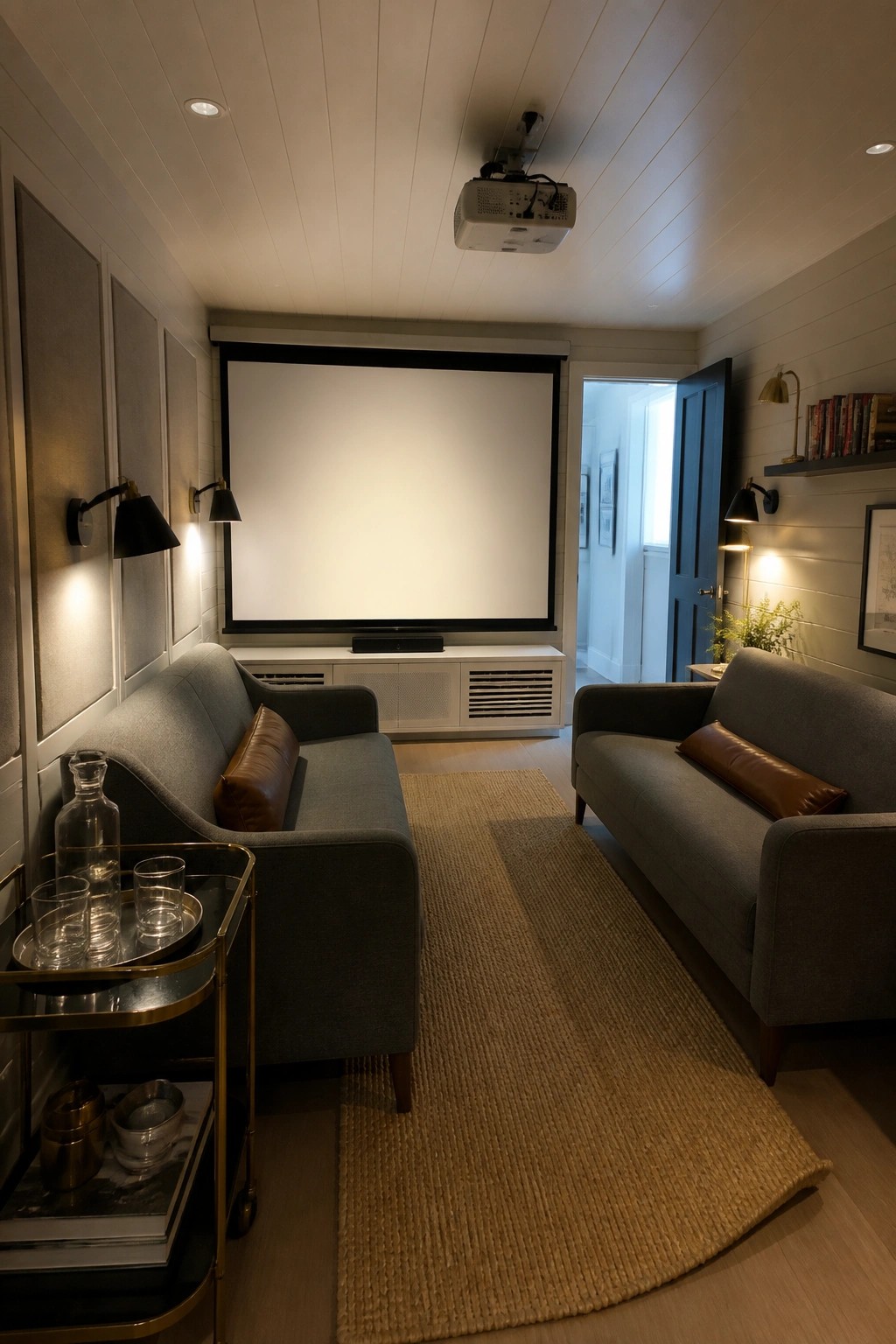 A narrow home theater room with two gray sofas facing a large projection screen, a ceiling-mounted projector, wall sconces, and a bar cart on the left.