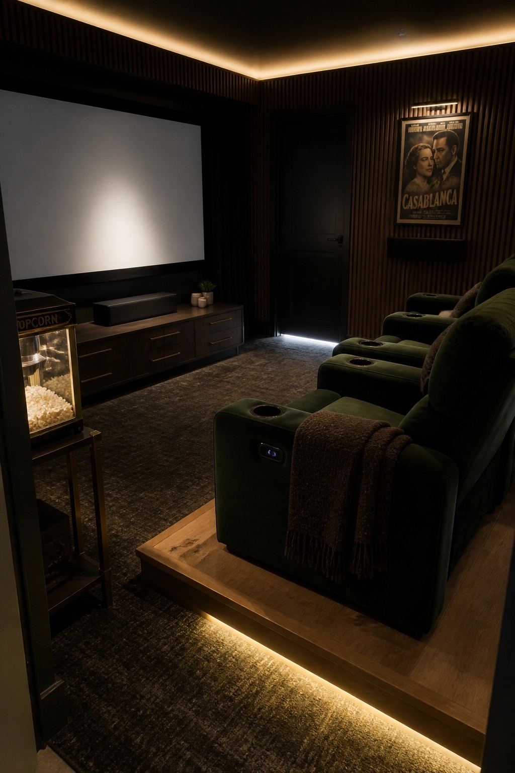 A home theater room showing green velvet recliners arranged on a raised wooden platform with under-lighting, a large projection screen on the left, and a Casablanca poster on the dark wood wall.