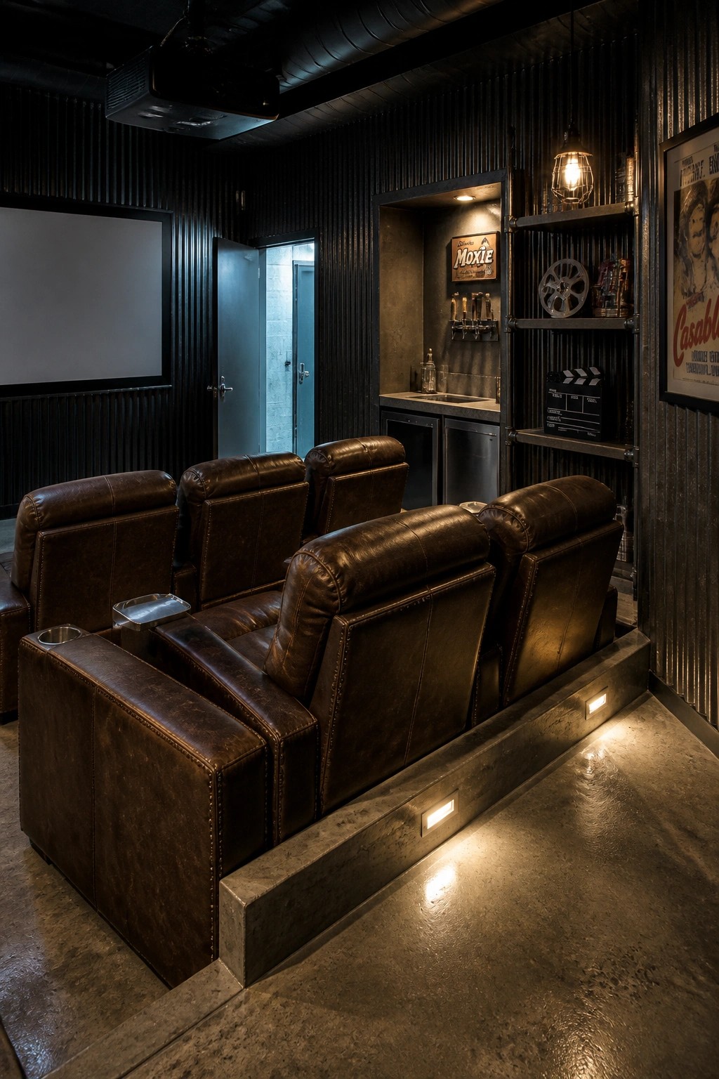 Dark leather recliners sit on a low raised platform with base lighting in a small home theater room that has corrugated walls, a projector screen, and a built-in bar area.