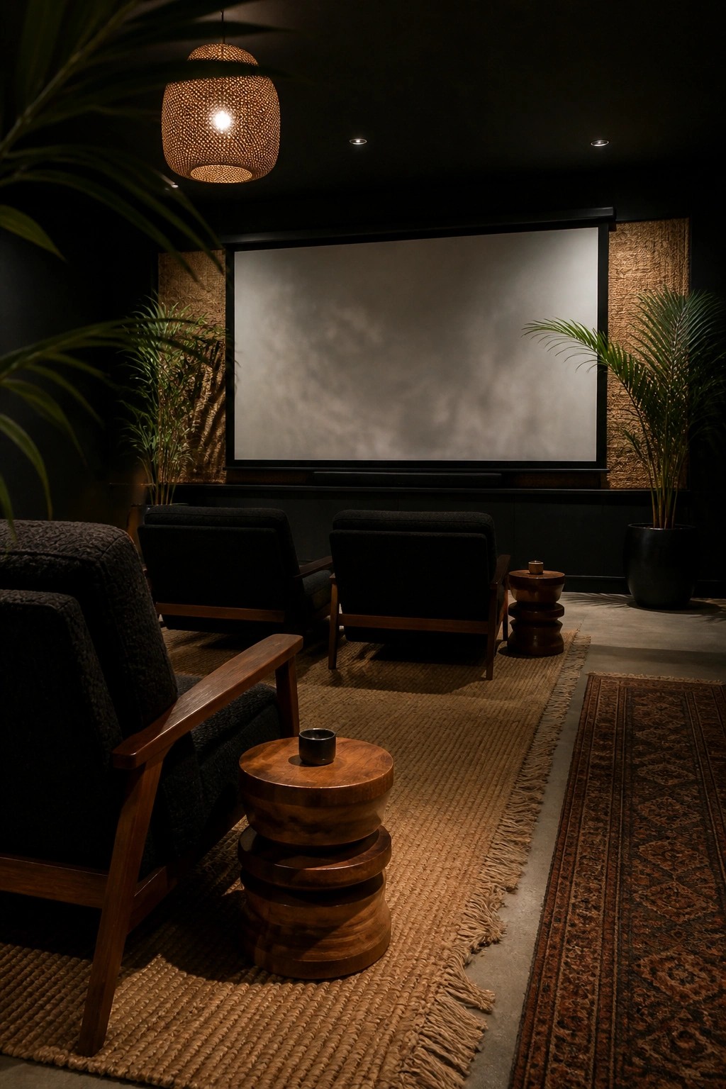 A dimly lit home theater with black walls and ceiling, a large projection screen centered on the wall, dark upholstered armchairs on woven rugs, and round wooden side tables.