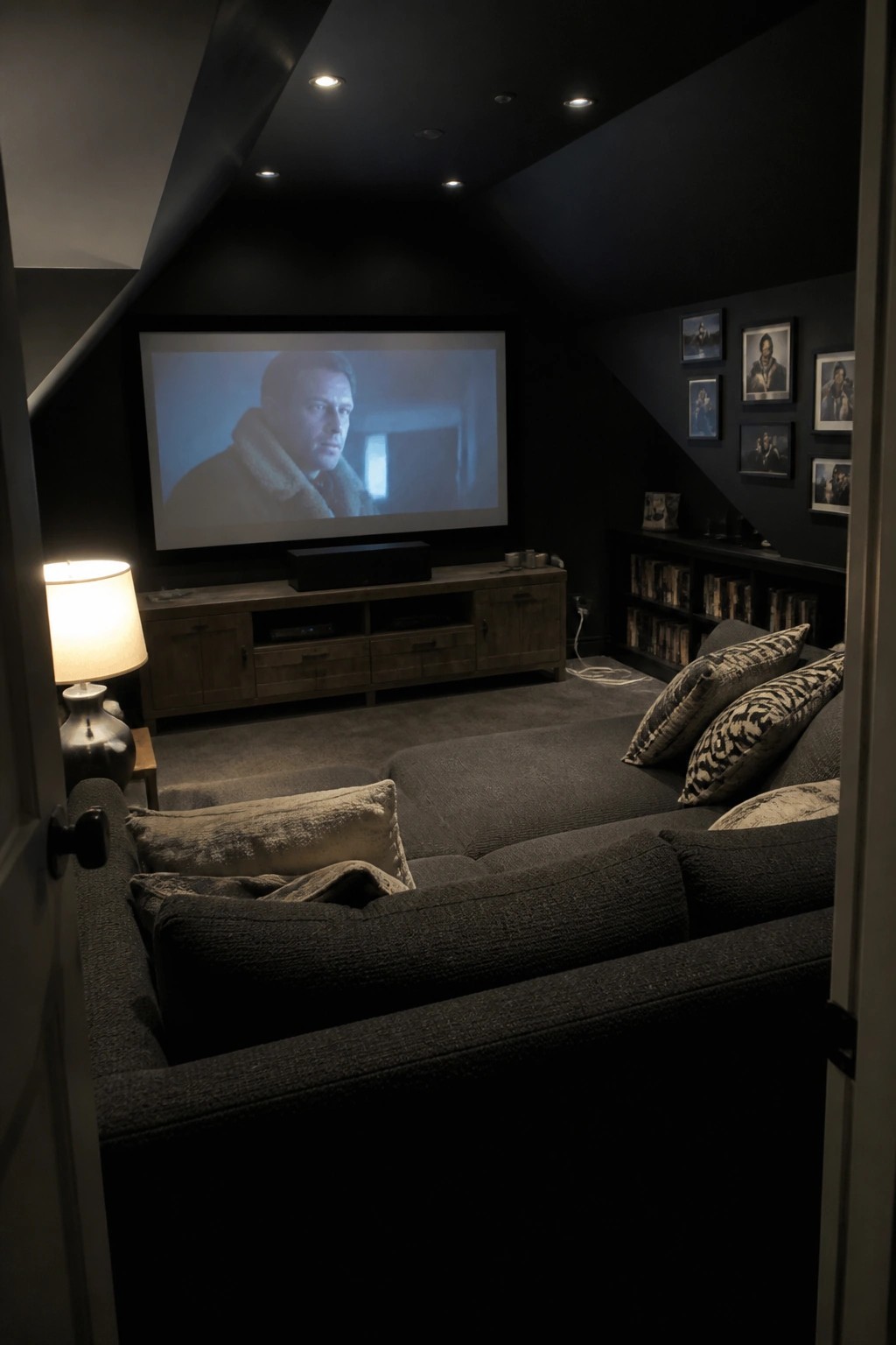 Cozy dark home theater with large projection screen, gray sectional sofa, and bookshelves.