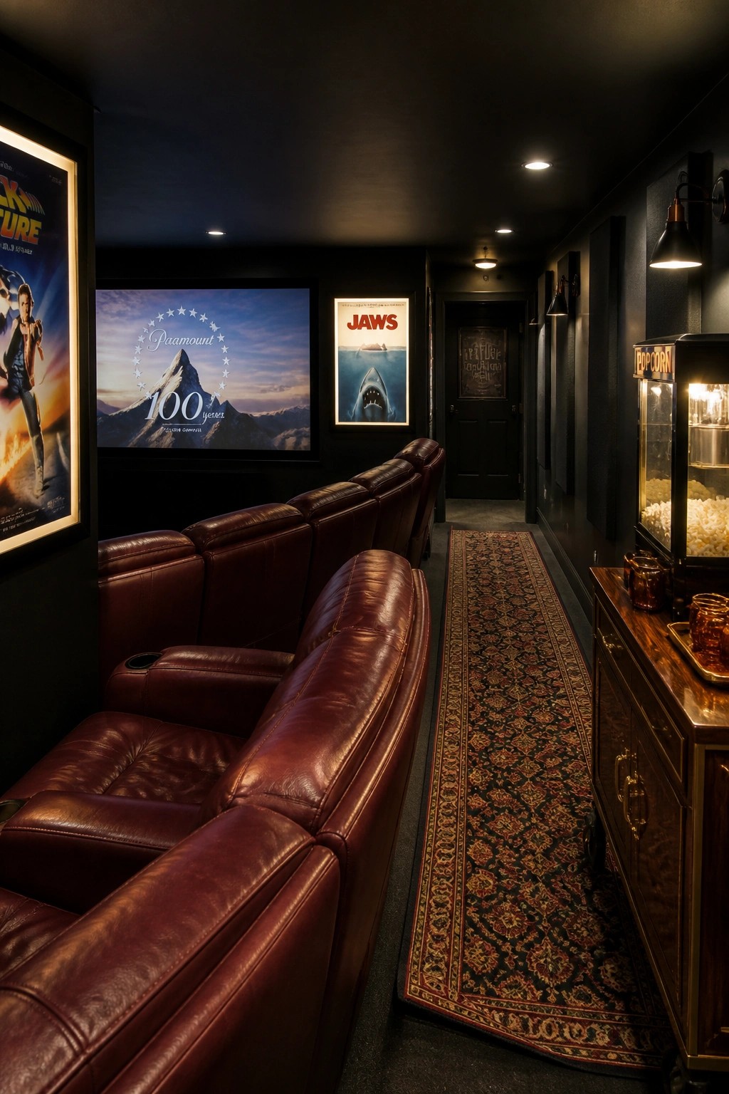 Dark home theater with red leather recliners, movie posters, popcorn machine, and runner rug.