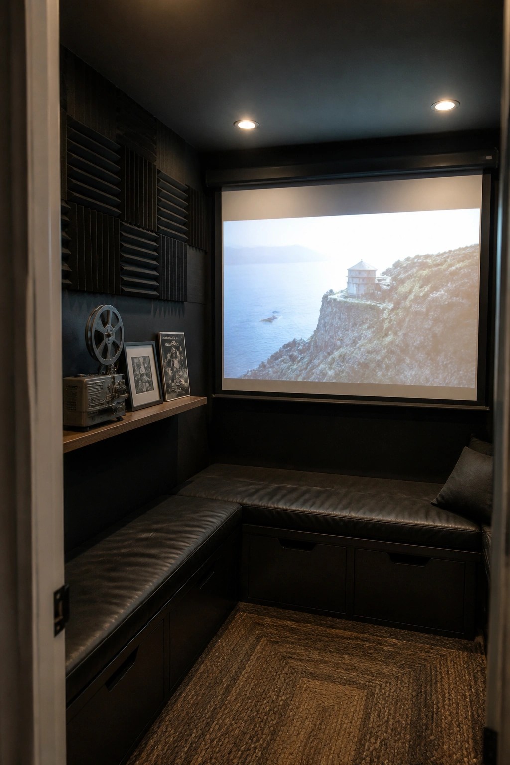 Dark home theater with black leather seating, projector screen, acoustic panels, and woven rug.