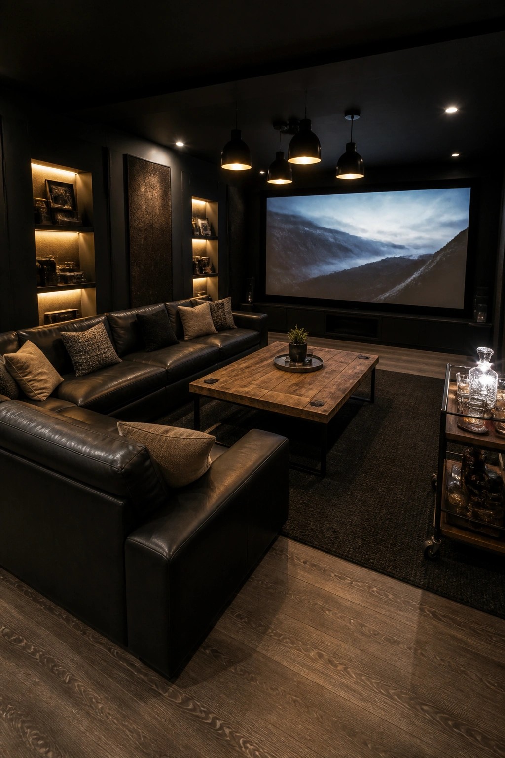 Modern dark home theater with black leather sofa, wooden table, and large projection screen.