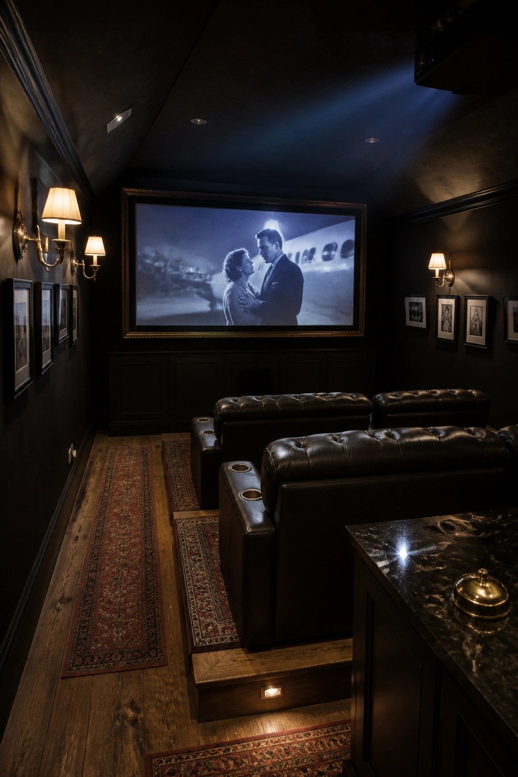 A dimly lit home theater with black walls, dark leather recliners on raised platforms, patterned rugs, and a large framed screen showing a black and white film scene.