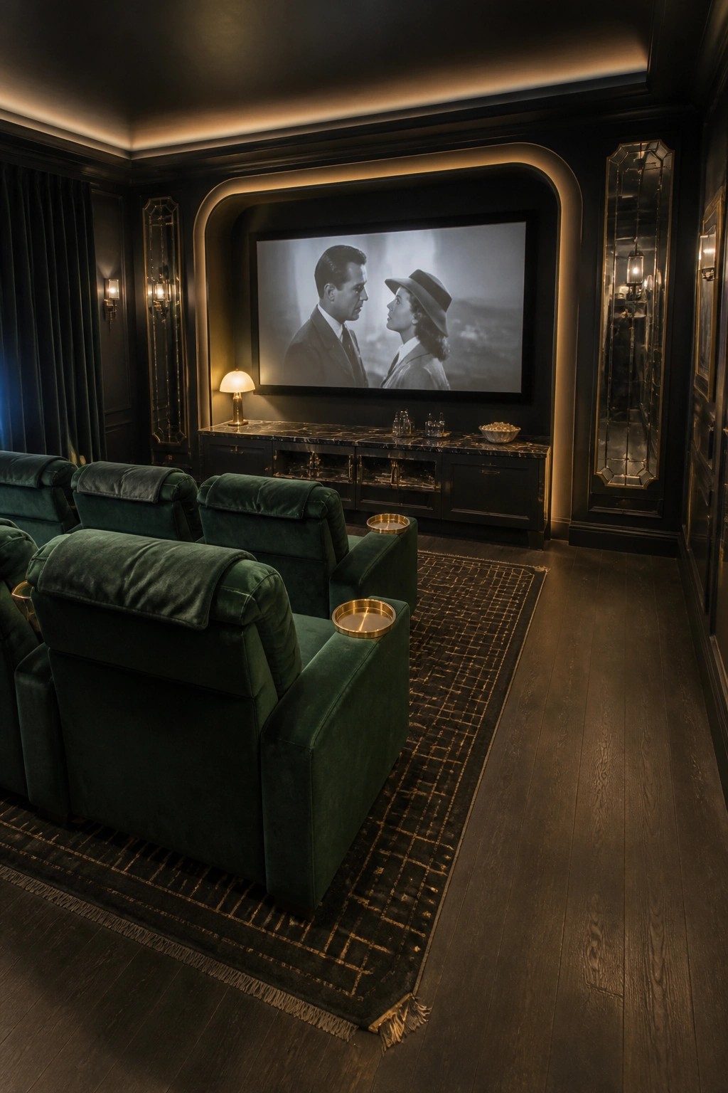 A dark home theater room with black walls and ceiling shows several deep green velvet armchairs facing a large projection screen displaying a black and white film, with a black media console below the screen.