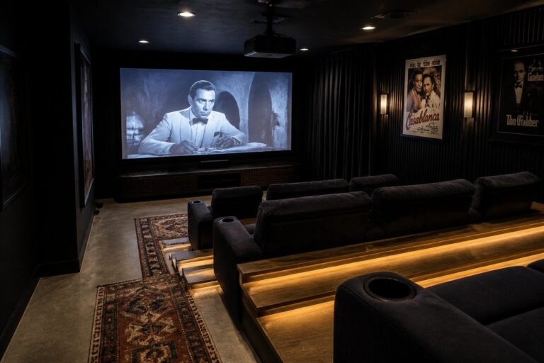 20 Moody Dark Home Theater Ideas With Black Walls and Ceiling A dark home theater with black walls and ceiling, four dark recliners on a raised wooden platform, a large projection screen, and two framed movie posters on the left wall.
