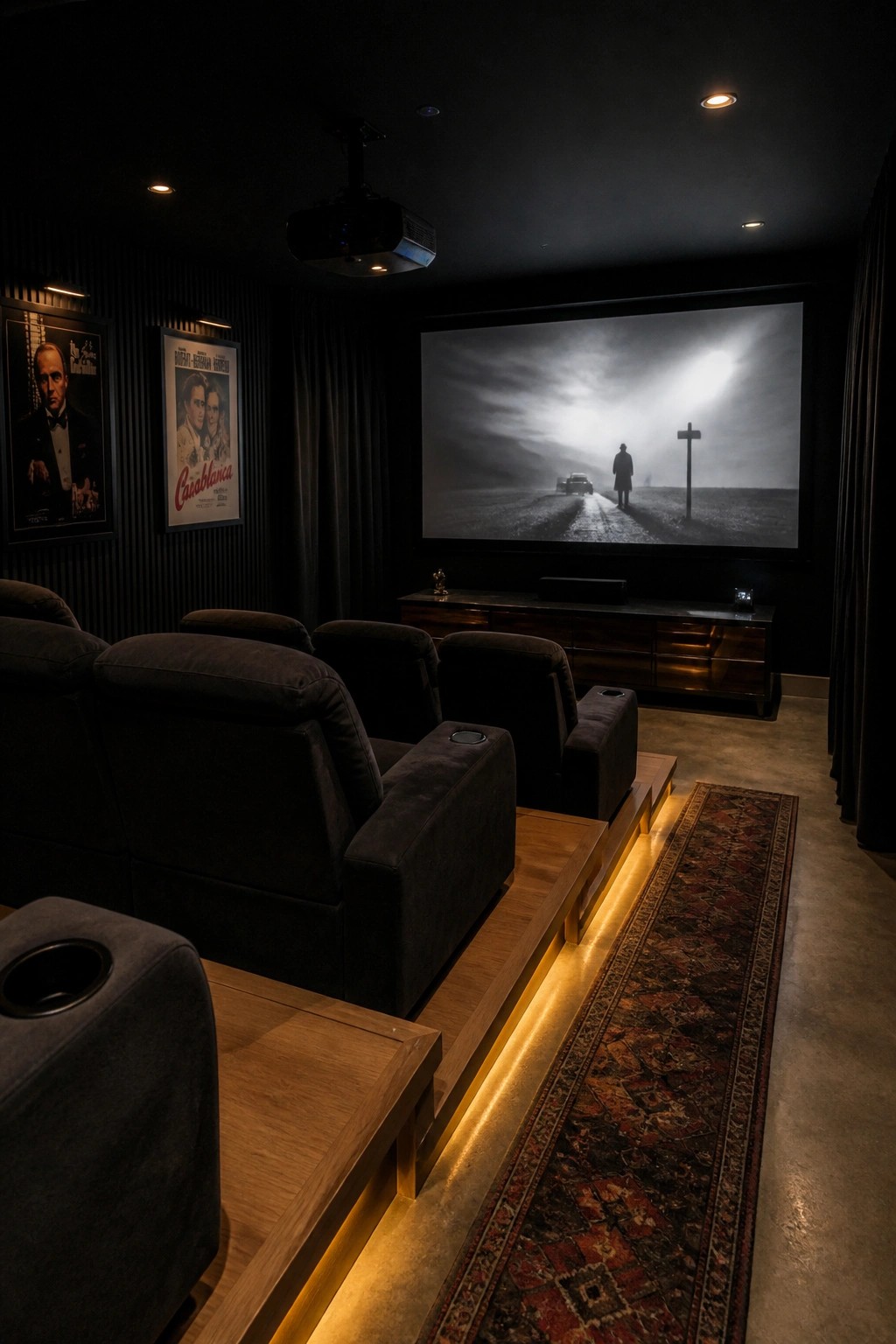 A dark home theater with black walls and ceiling, four dark recliners on a raised wooden platform, a large projection screen, and two framed movie posters on the left wall.
