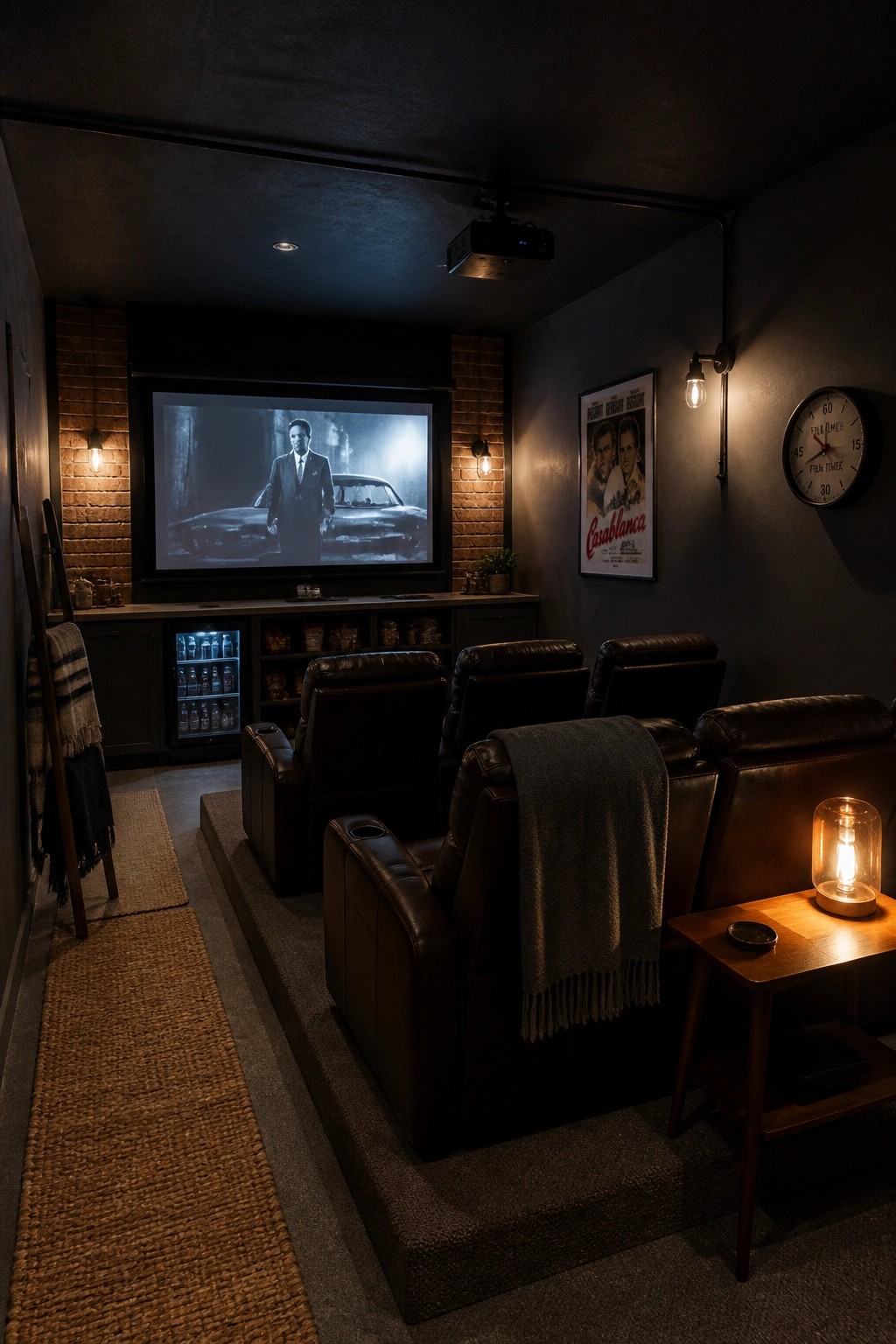 A dark home theater with black walls and ceiling, a large projection screen, brown leather recliners arranged on a raised carpeted platform, and a ceiling-mounted projector.