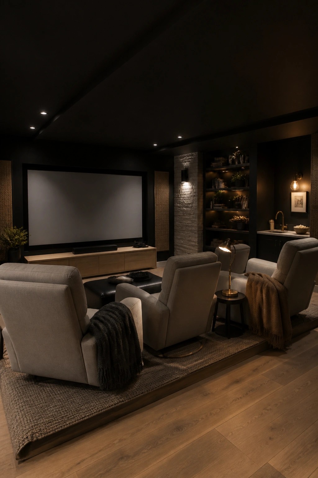 A moody home theater with black walls and ceiling, a large screen, gray recliners arranged on a raised wooden platform with a woven rug, and built-in shelving along one wall.
