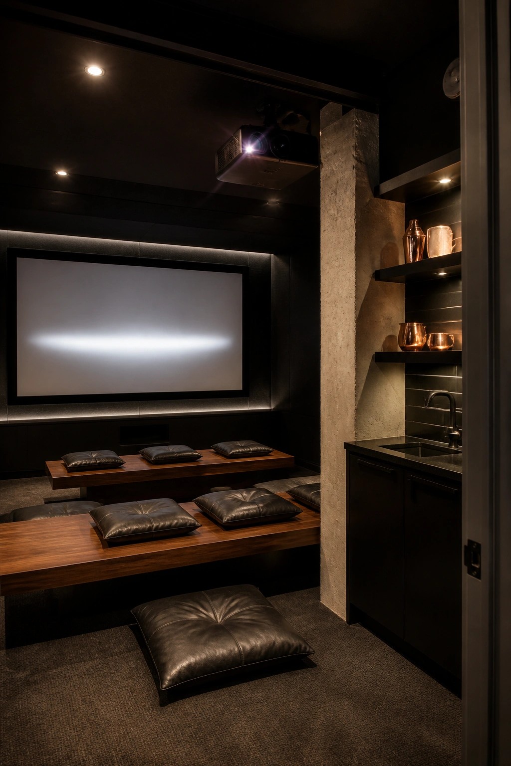 A dark home theater room with black walls and ceiling, a large projection screen, a ceiling-mounted projector, tiered wooden platforms with dark leather cushions, and a small bar area on the right side.