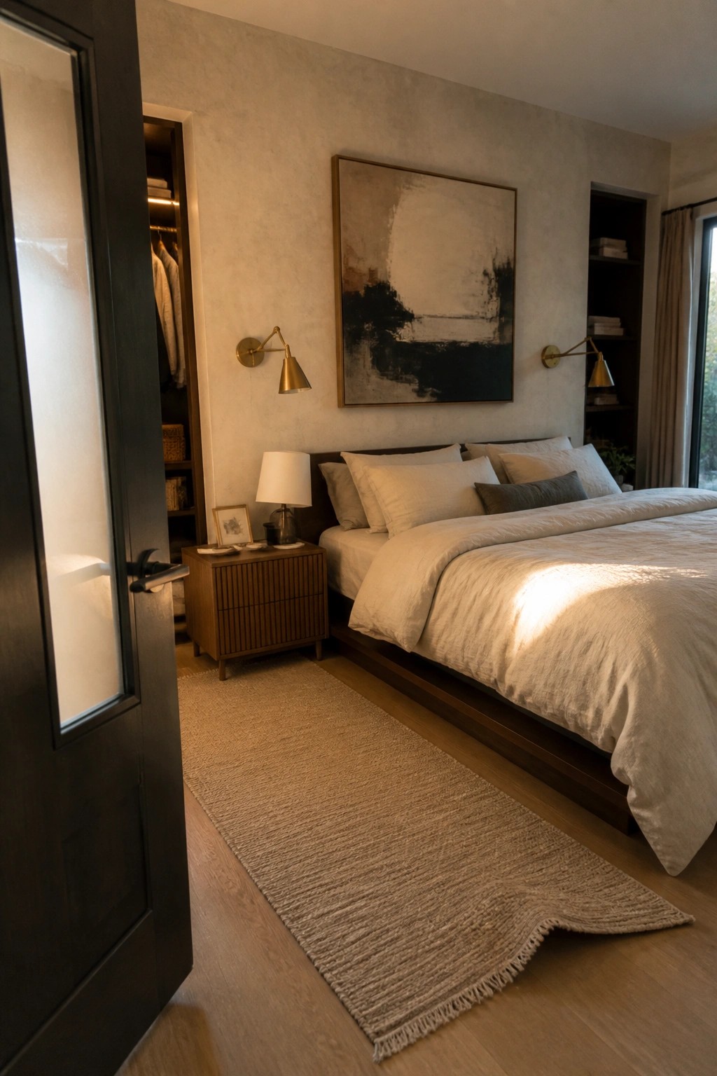A bedroom with a dark full-height door featuring a glass panel standing open to a lit closet area beside a bed with white linens.